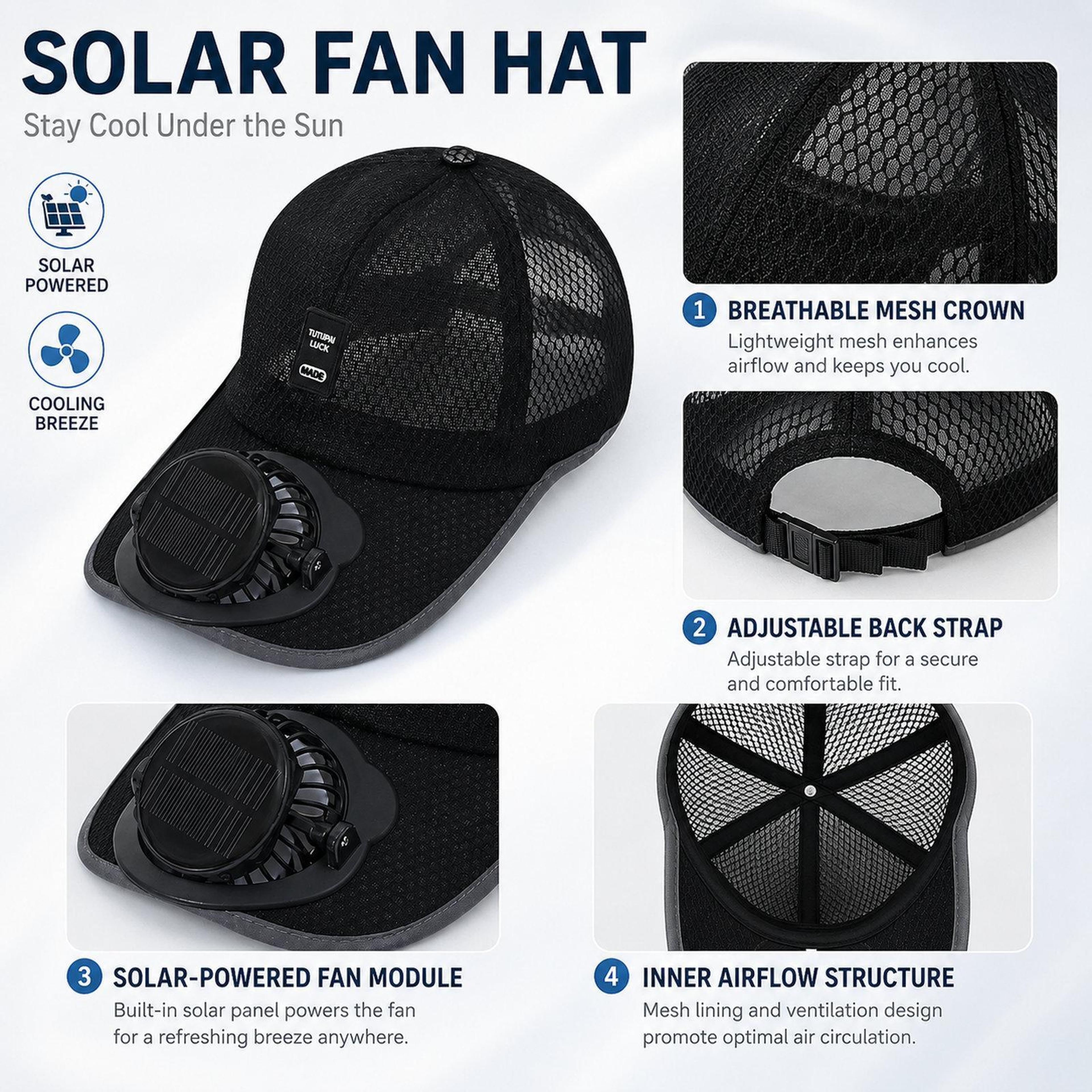 Solar Fan Hat Rechargeable Cooling Hat With 3 Speed Adjustable Breathable Sun Cap 2