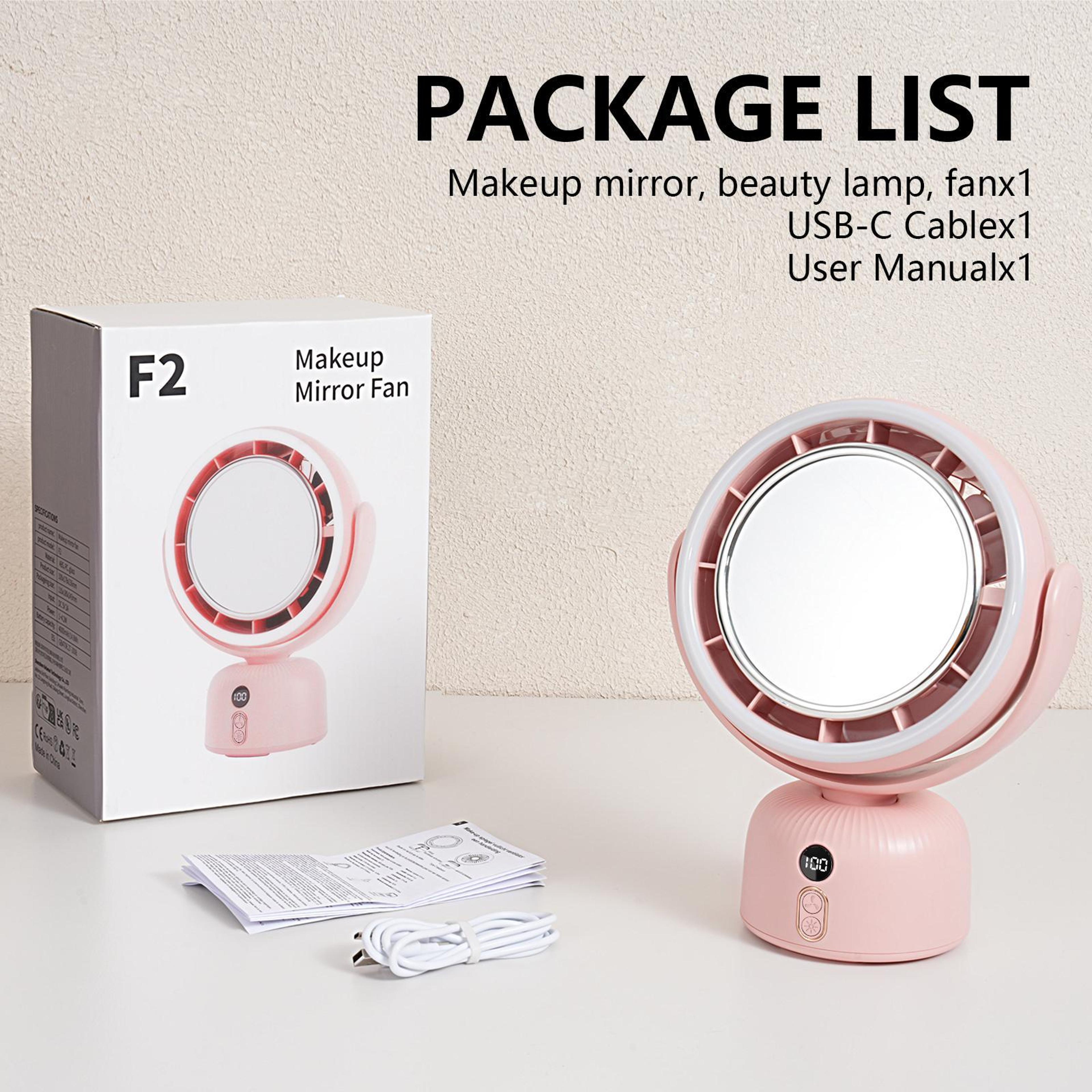 F2 Lighted Makeup Mirror With Desktop Fan Rechargeable Vanity Mirror With LED Fill Light 7