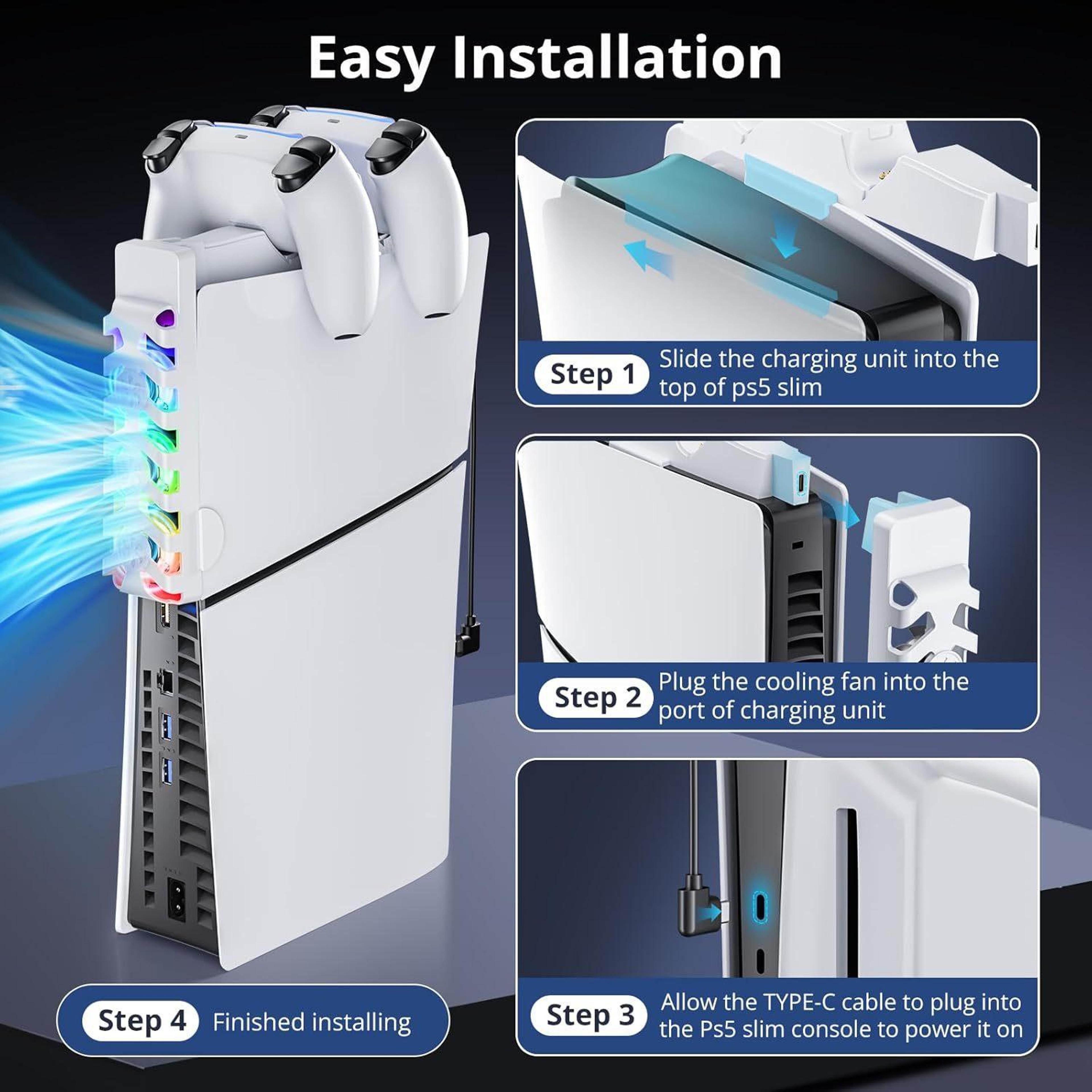 PS5 Slim Charging Station With Cooling Fan DualSense Controller Charger RGB Gaming Dock 6