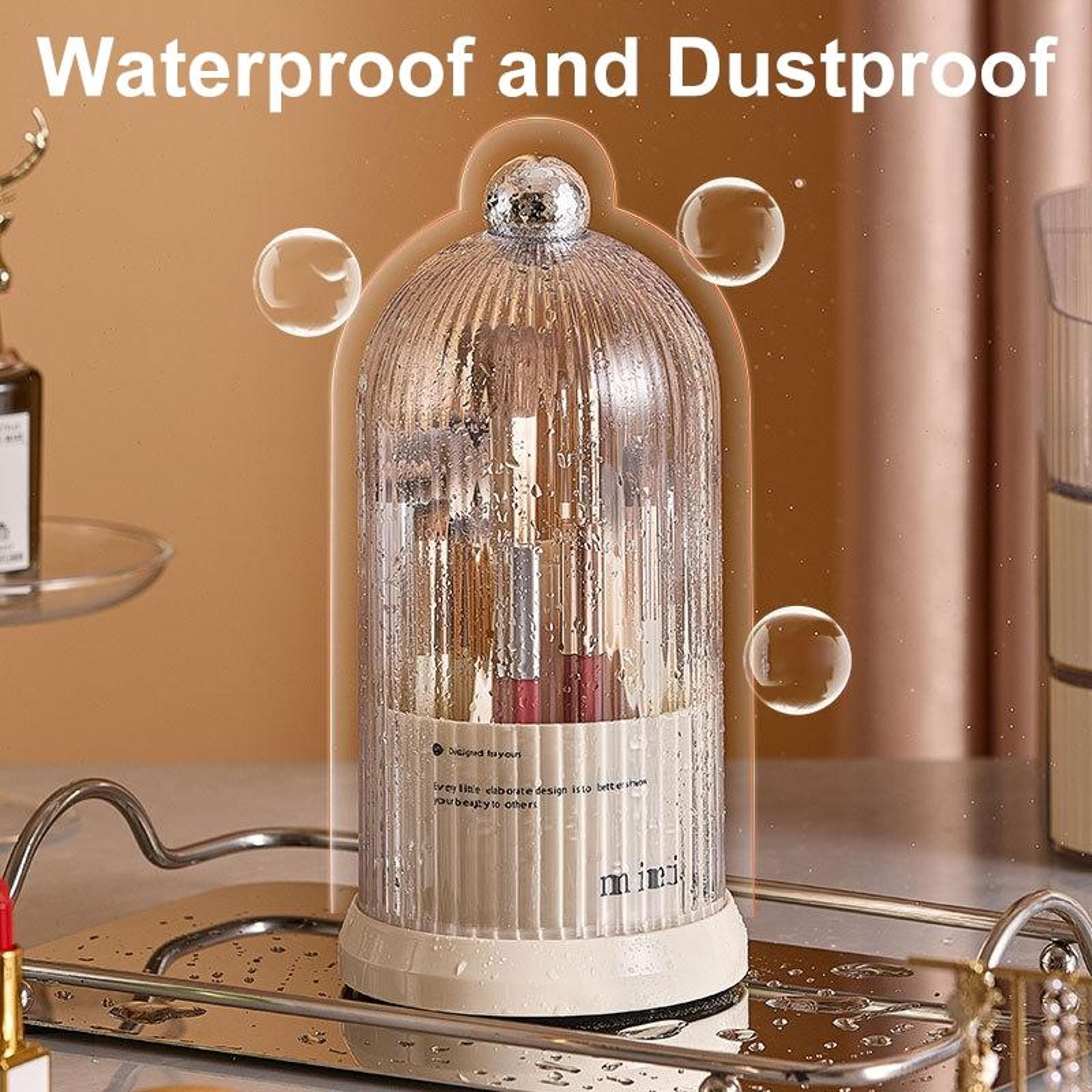 360 Rotating Makeup Brush Organizer Dustproof Cosmetic Storage Box With Clear Cover 3