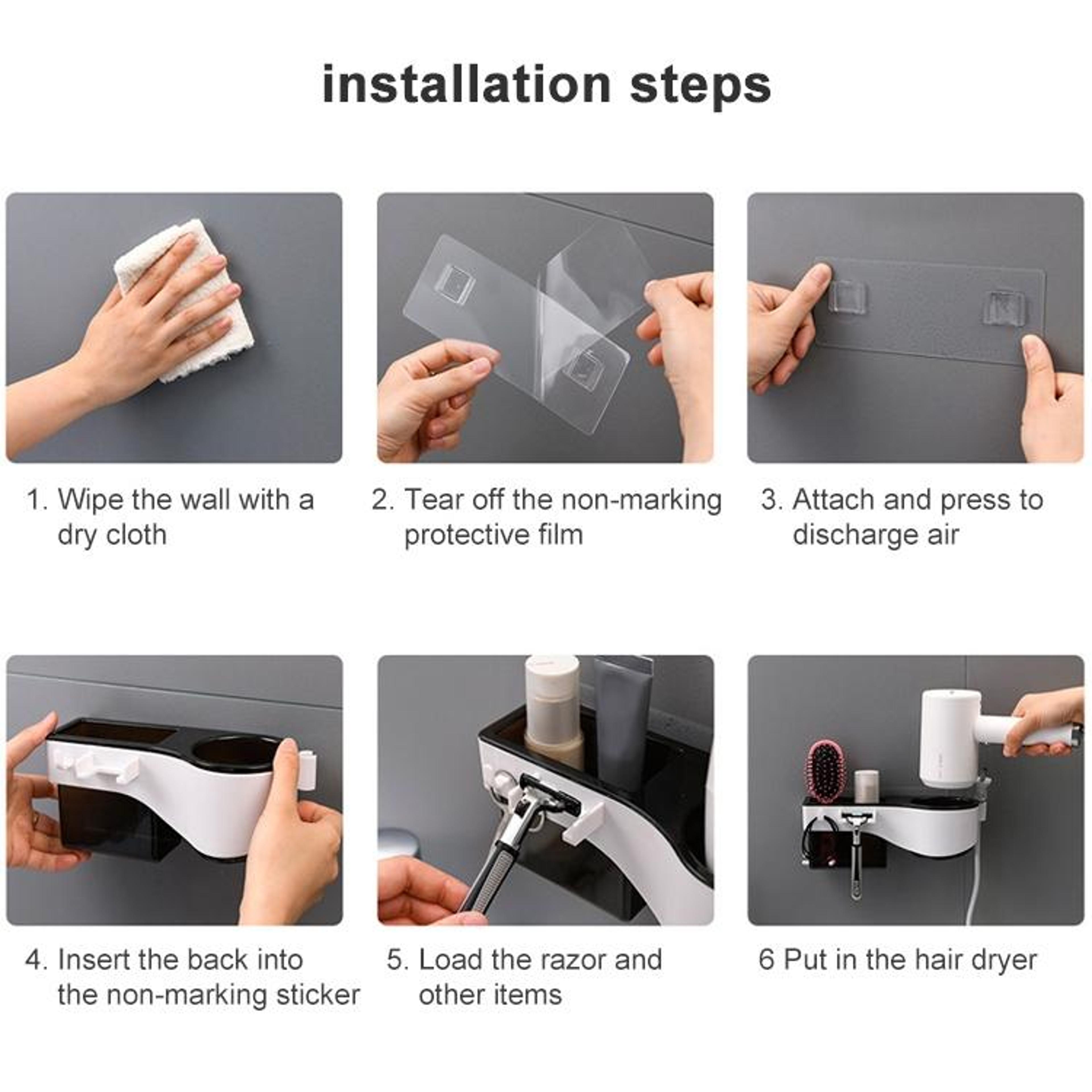 Wall Mounted Hair Dryer Holder Bathroom Storage Rack No Drill Organizer 8