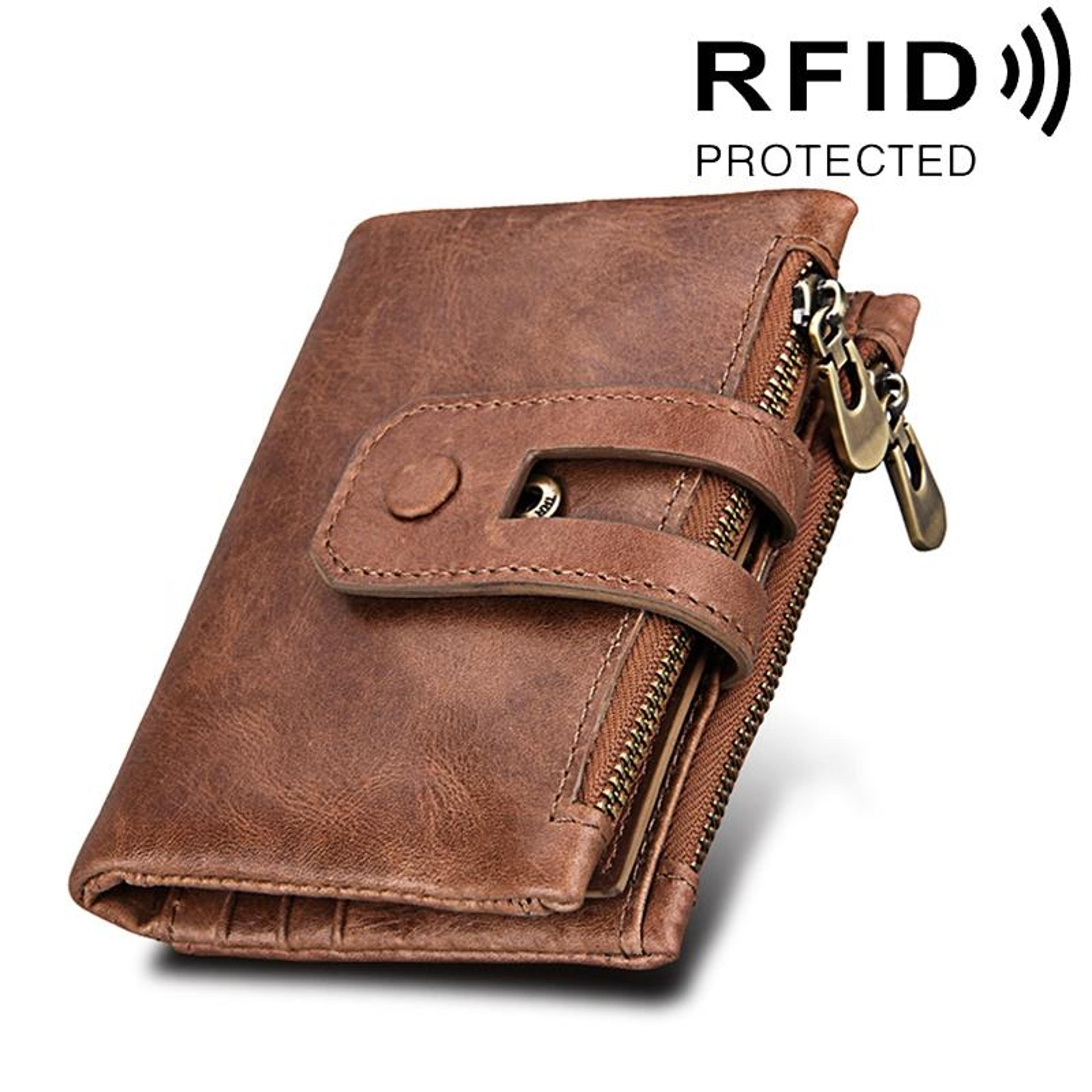 Crazy Horse Leather RFID Wallet For Men Tri Fold Card Holder With Zipper Coin Pocket 11