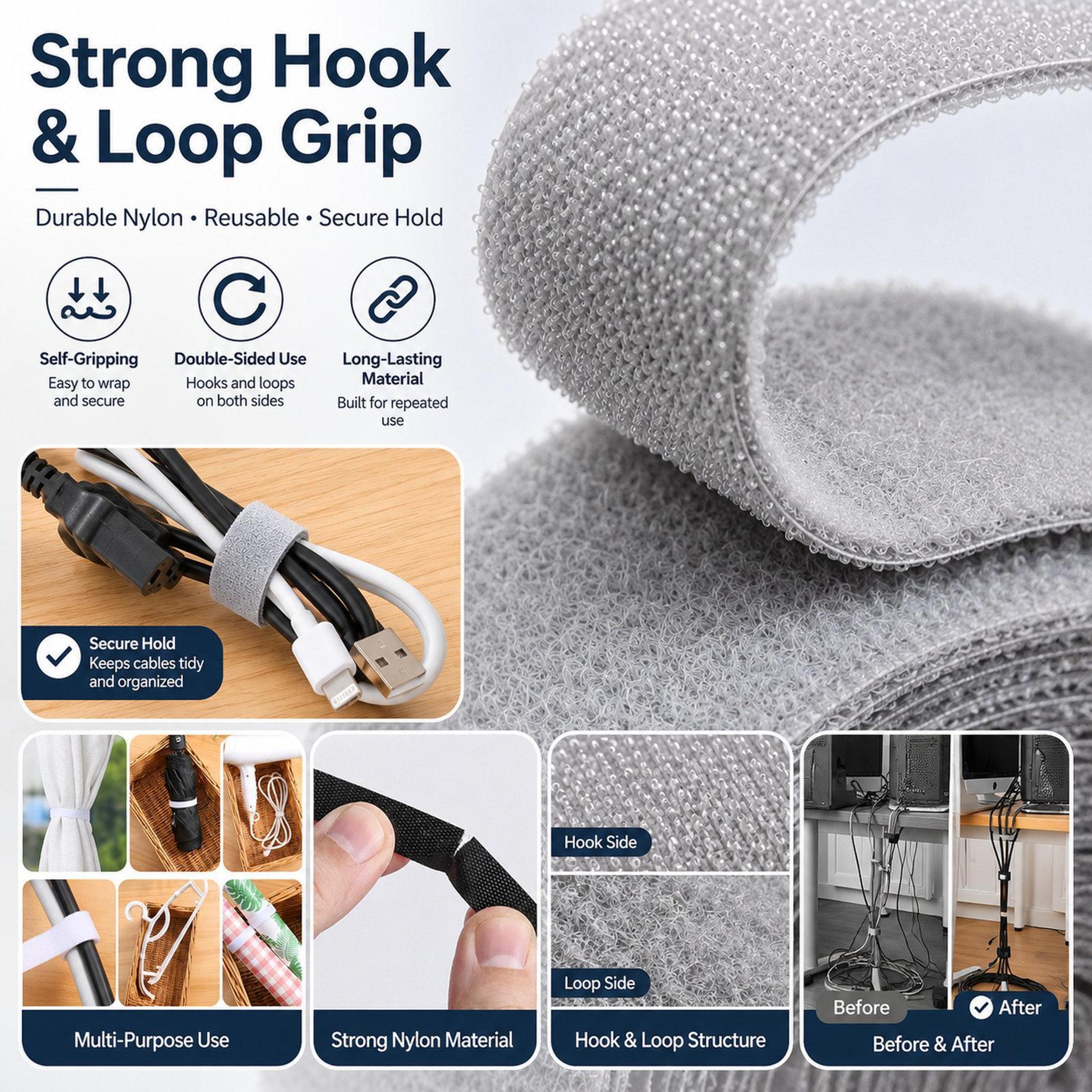 HandTear Hook And Loop Cable Ties Roll Reusable Cable Management Cord Organizer 2