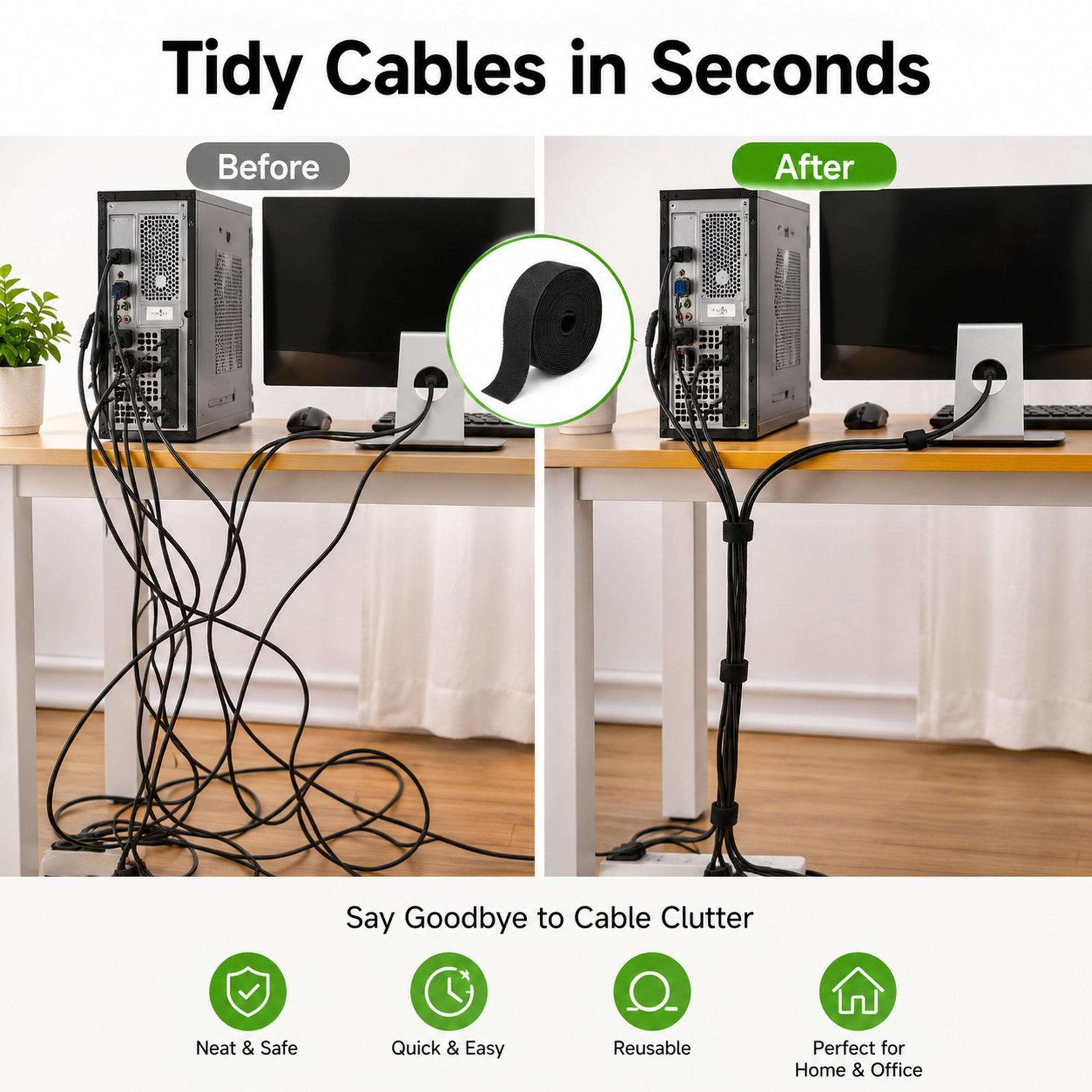 HandTear Hook And Loop Cable Ties Roll Reusable Cable Management Cord Organizer 4