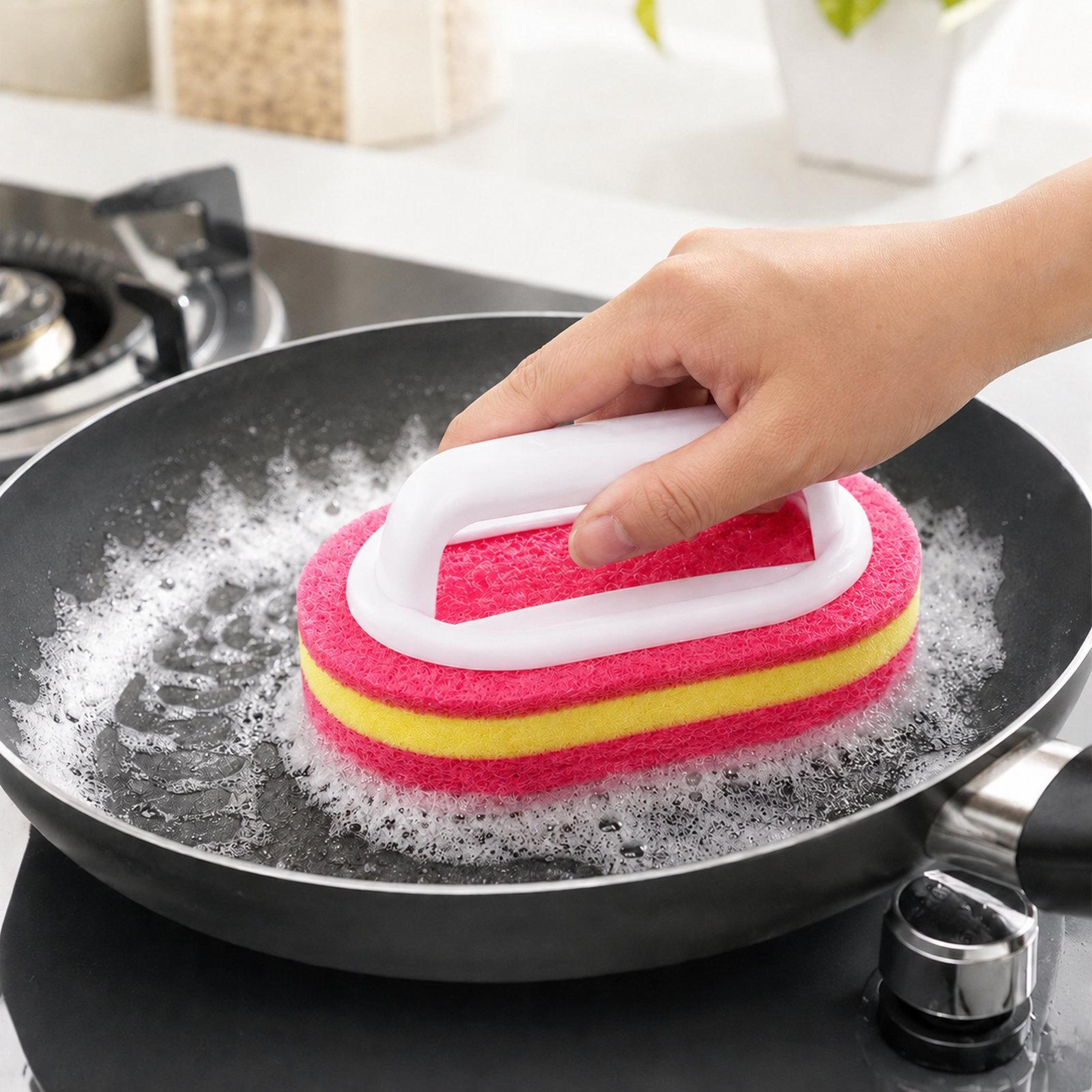 Non Scratch Scrub Sponge With Handle 3 Layer Kitchen Cleaning Sponge For Pots Pans  Stovetops 0