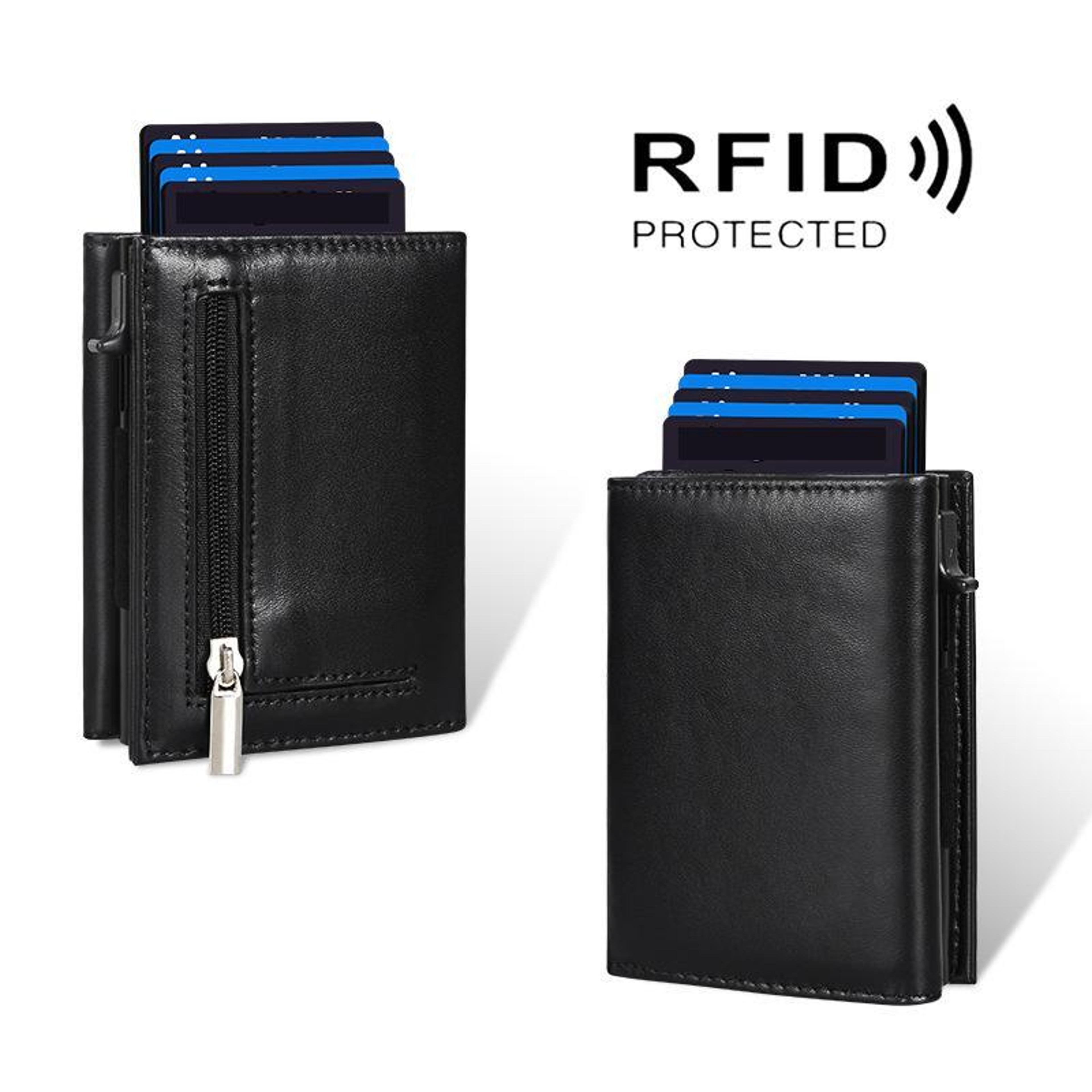 Pop Up RFID Blocking Wallet Genuine Leather Aluminum Card Holder With Zipper Coin Pocket 8