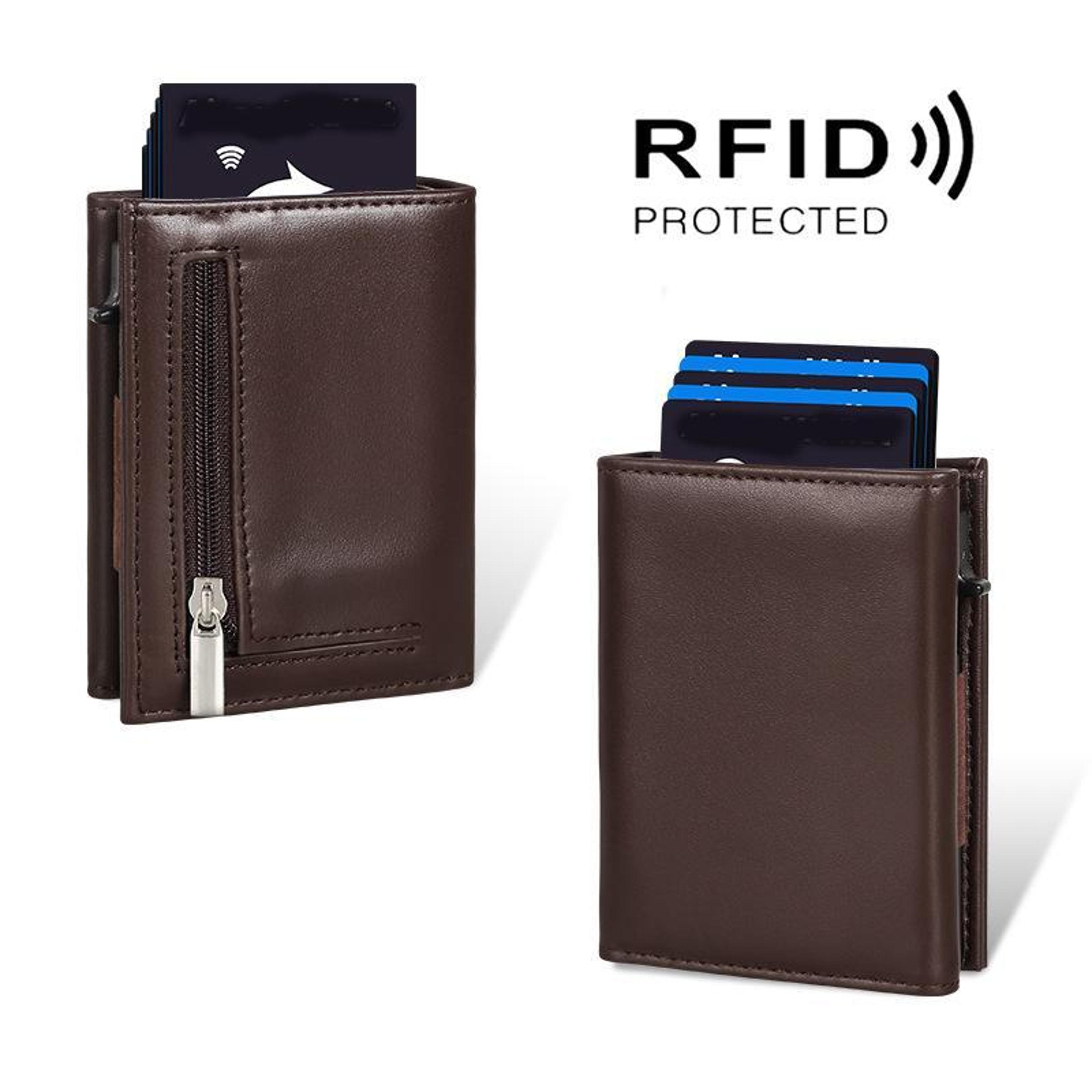 Pop Up RFID Blocking Wallet Genuine Leather Aluminum Card Holder With Zipper Coin Pocket 10