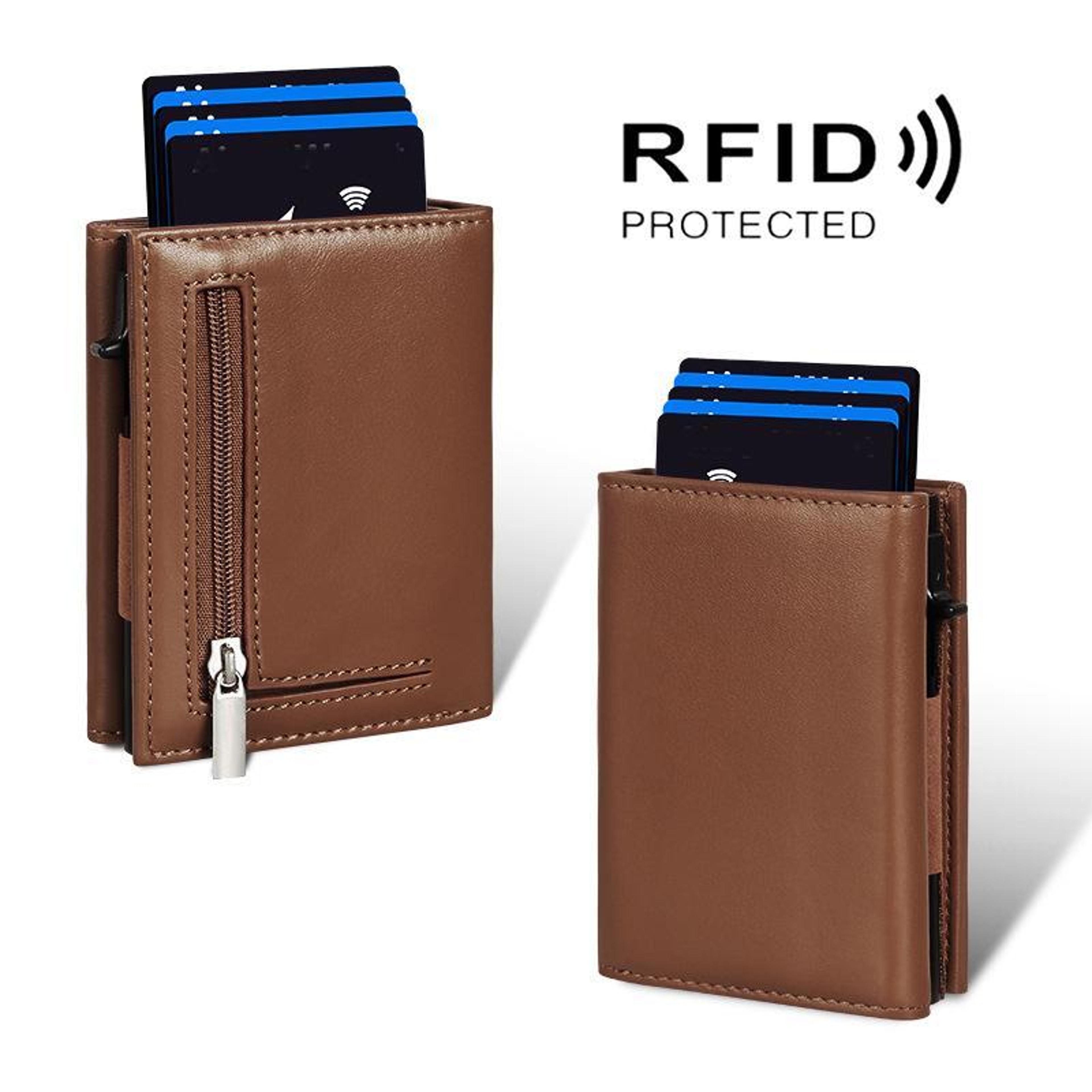 Pop Up RFID Blocking Wallet Genuine Leather Aluminum Card Holder With Zipper Coin Pocket 11