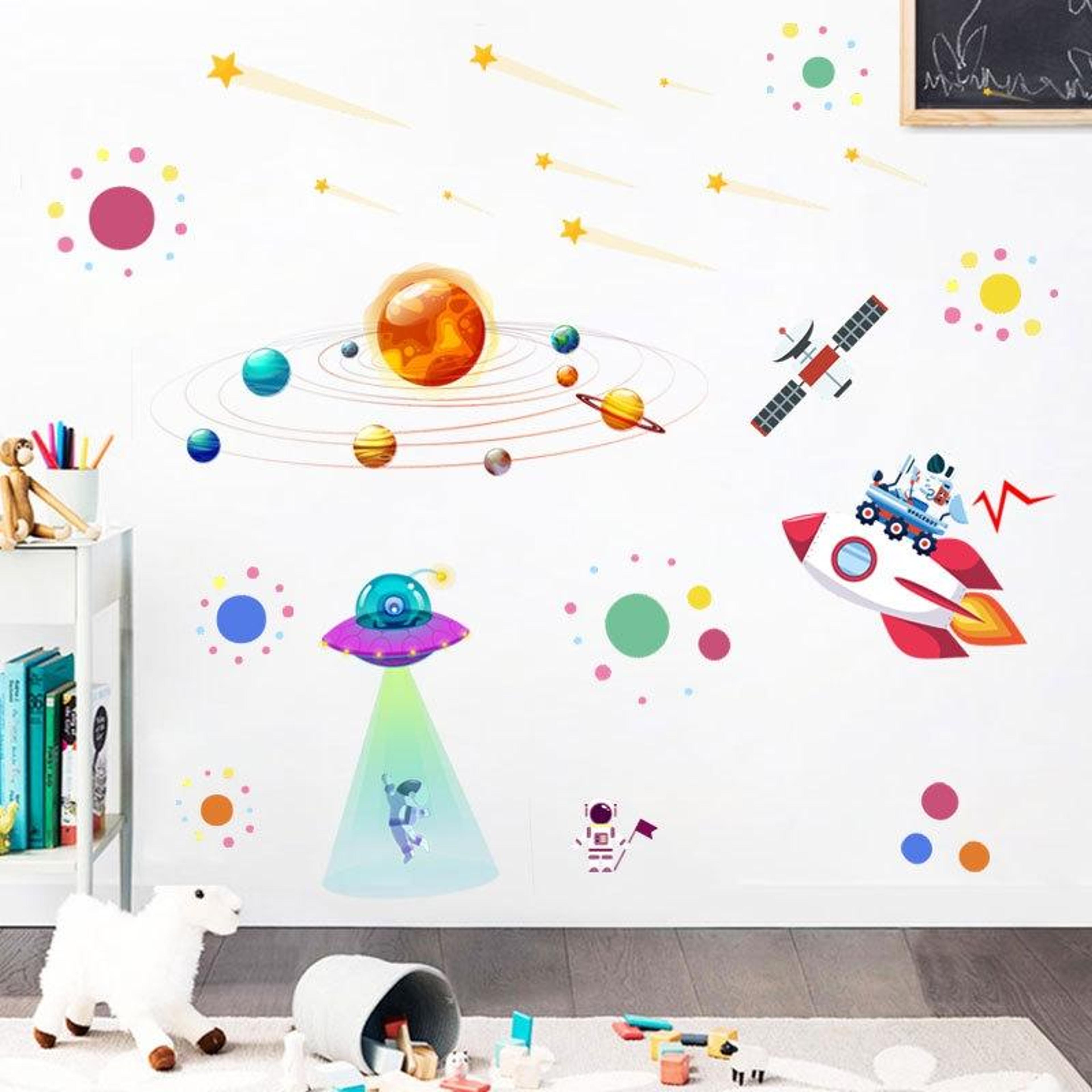 Space Adventure Solar System Wall Sticker With Astronaut UFO Removable Wall Decal For Kids Bedroom 4