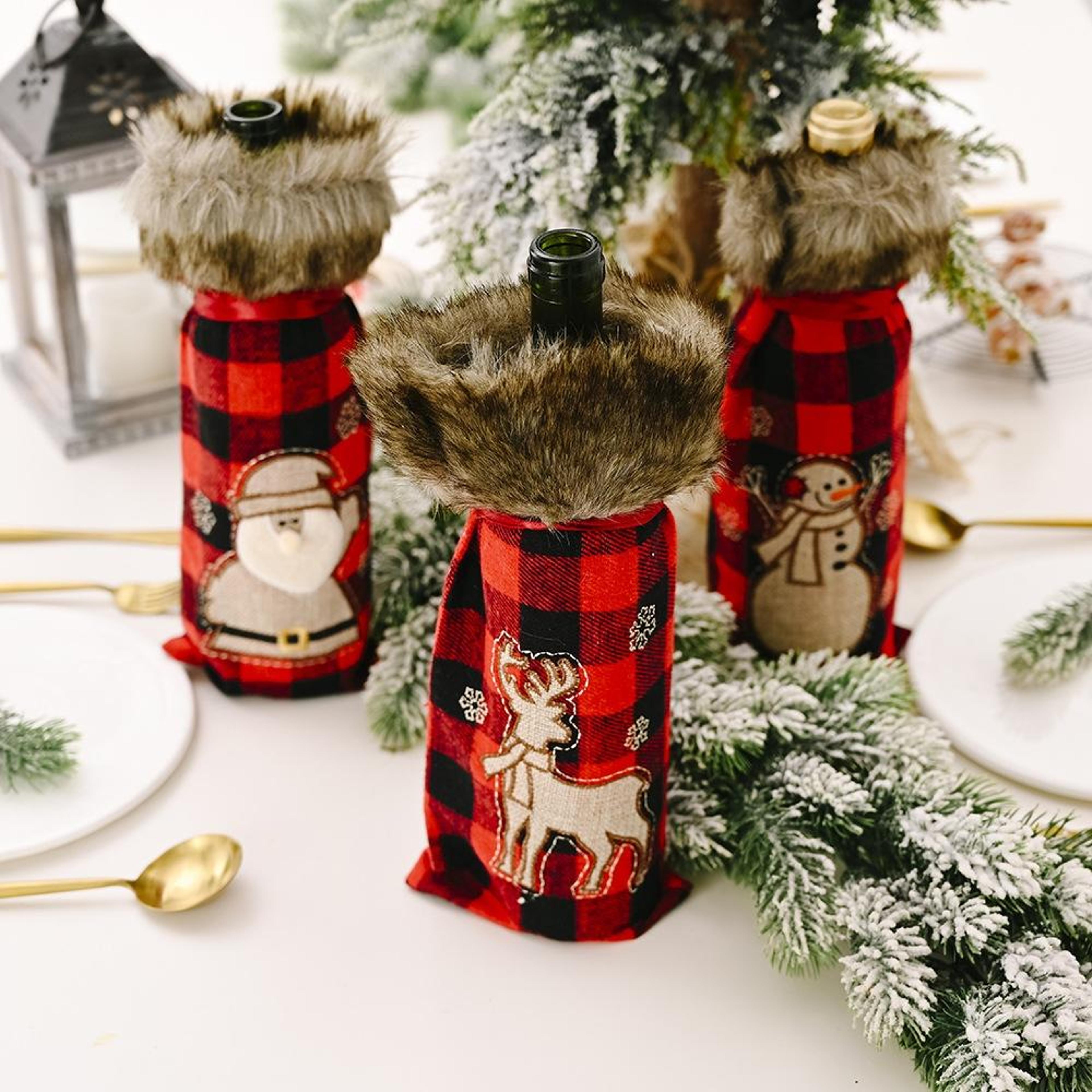 Christmas Wine Bottle Cover Set Red Lattice Champagne Gift Bag Holiday Decoration 1