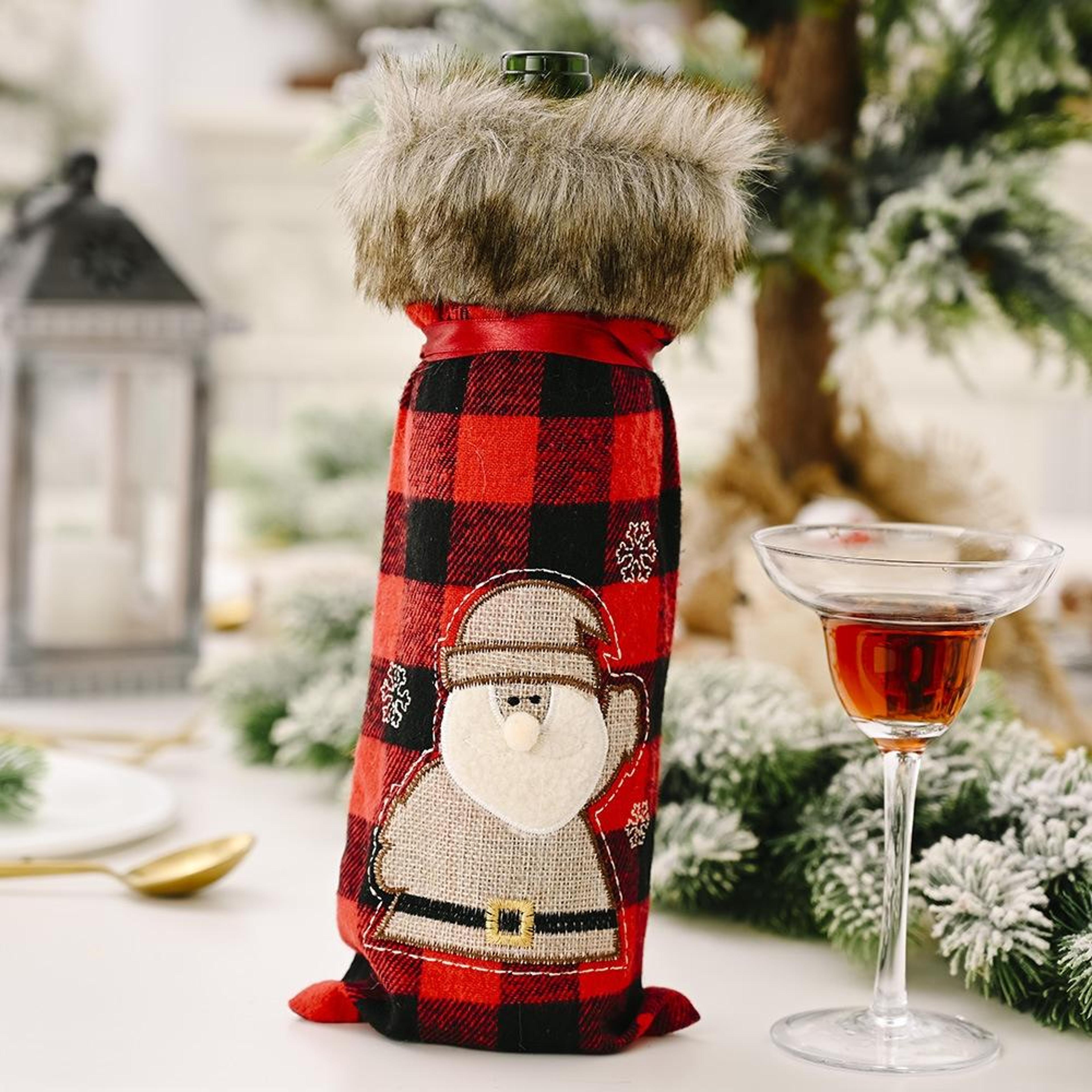 Christmas Wine Bottle Cover Set Red Lattice Champagne Gift Bag Holiday Decoration 2