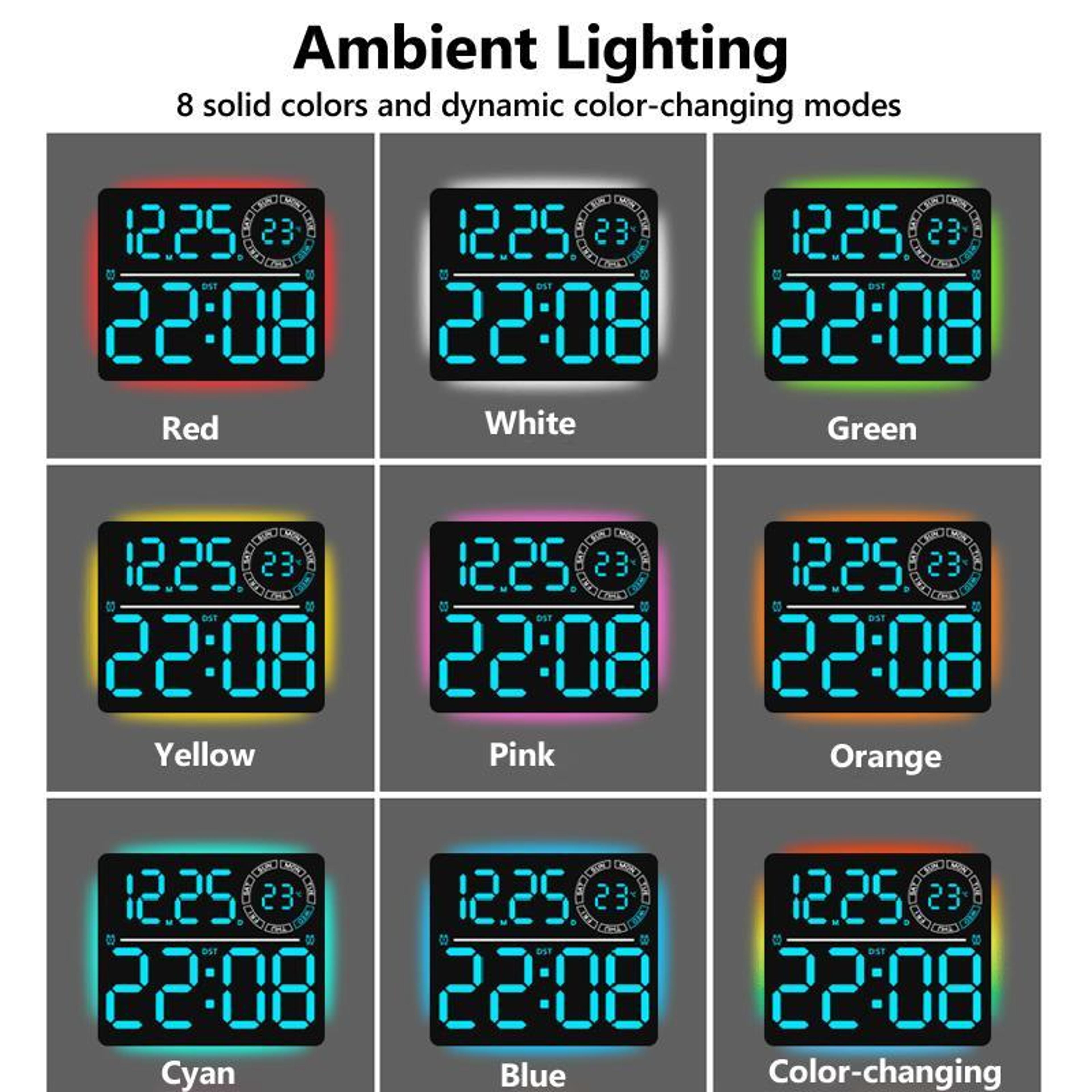 RGB LED Digital Wall Clock With Large Display Dual Alarm Timer  Ambient Night Light 2