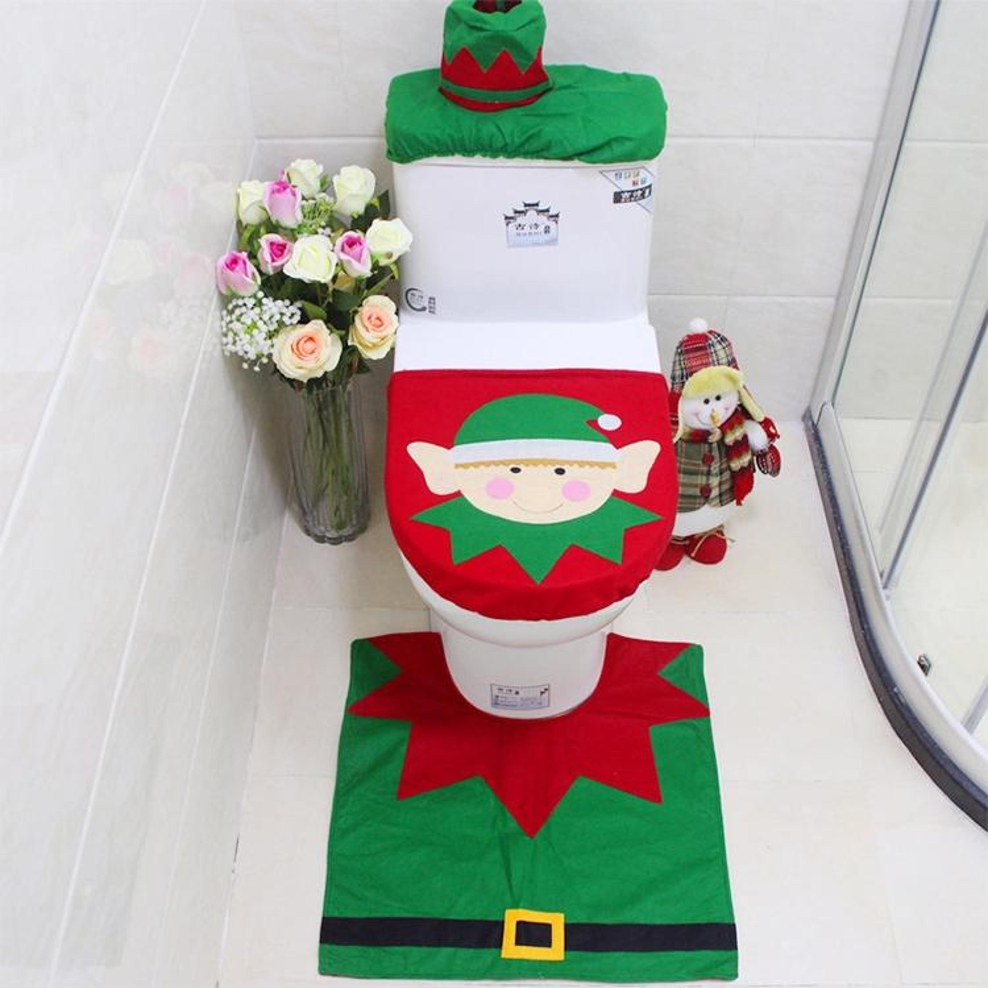 Fancy Christmas Decoration Happy Santa Elf Toilet Seat Cover Rug Bathroom Set 3