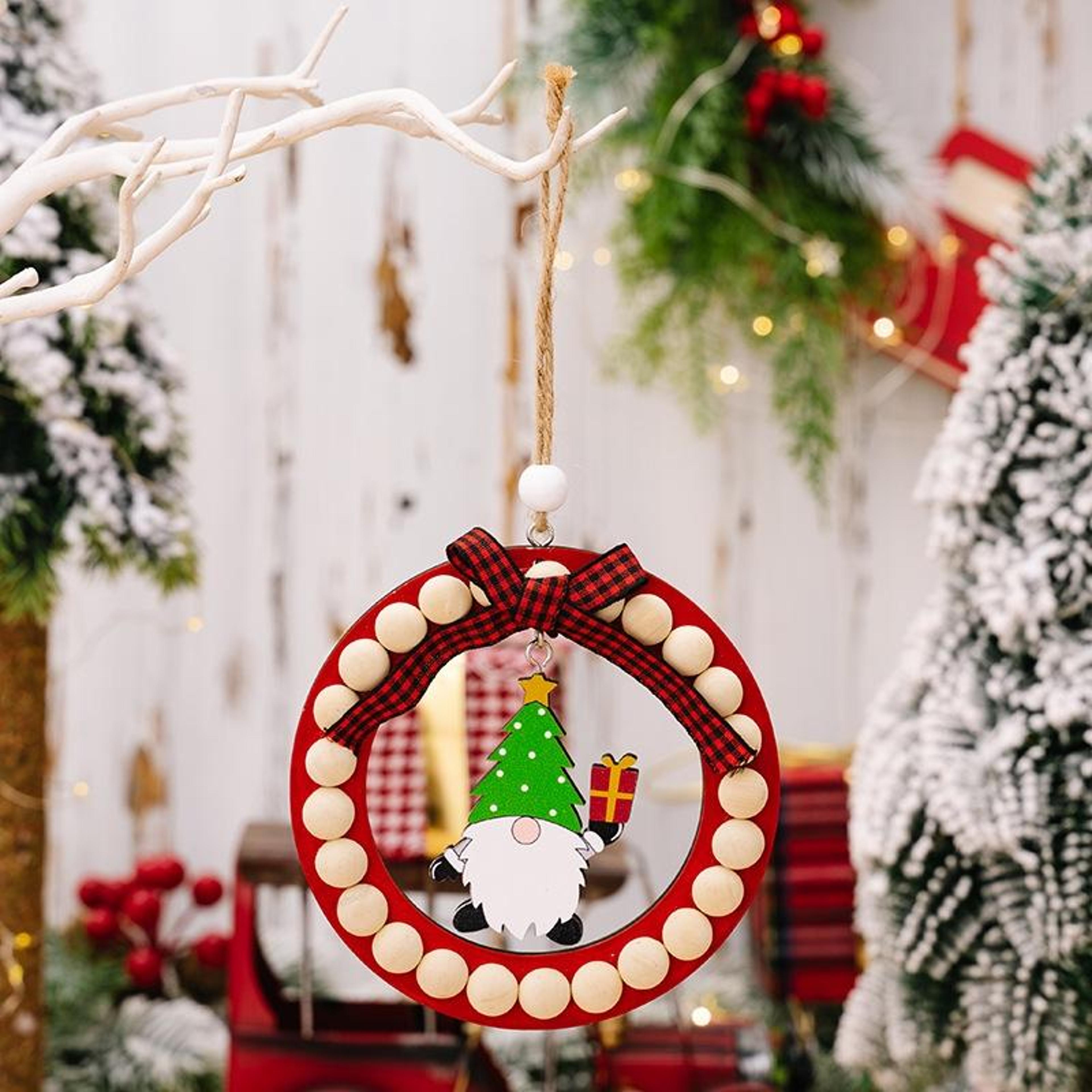 Rustic Wooden Christmas Wreath Ornament Round Beaded Hanging Tree Decoration 7