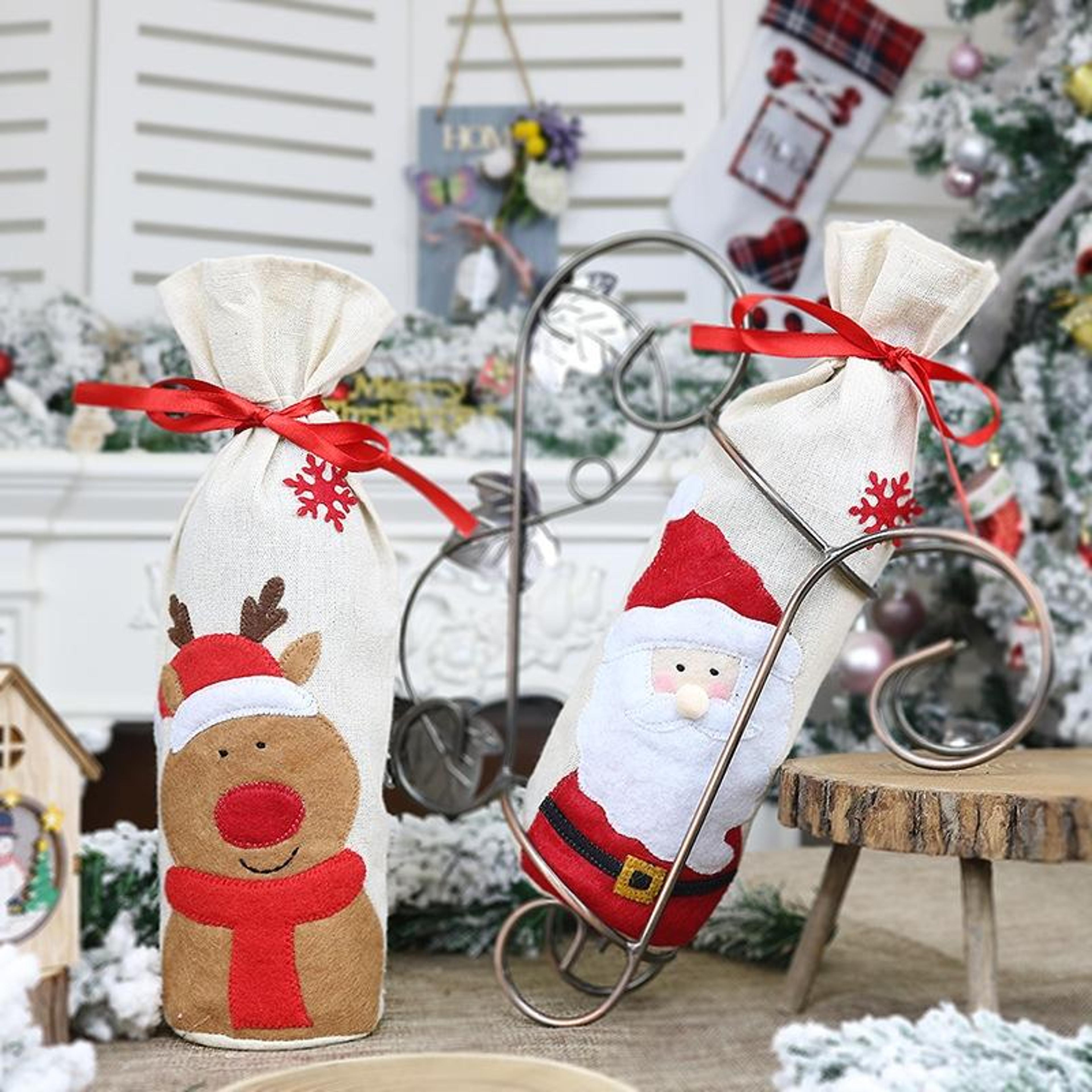 2PCS Christmas Wine Bottle Bag Santa Wine Bottle Cover Reusable Holiday Wine Gift Bags 1