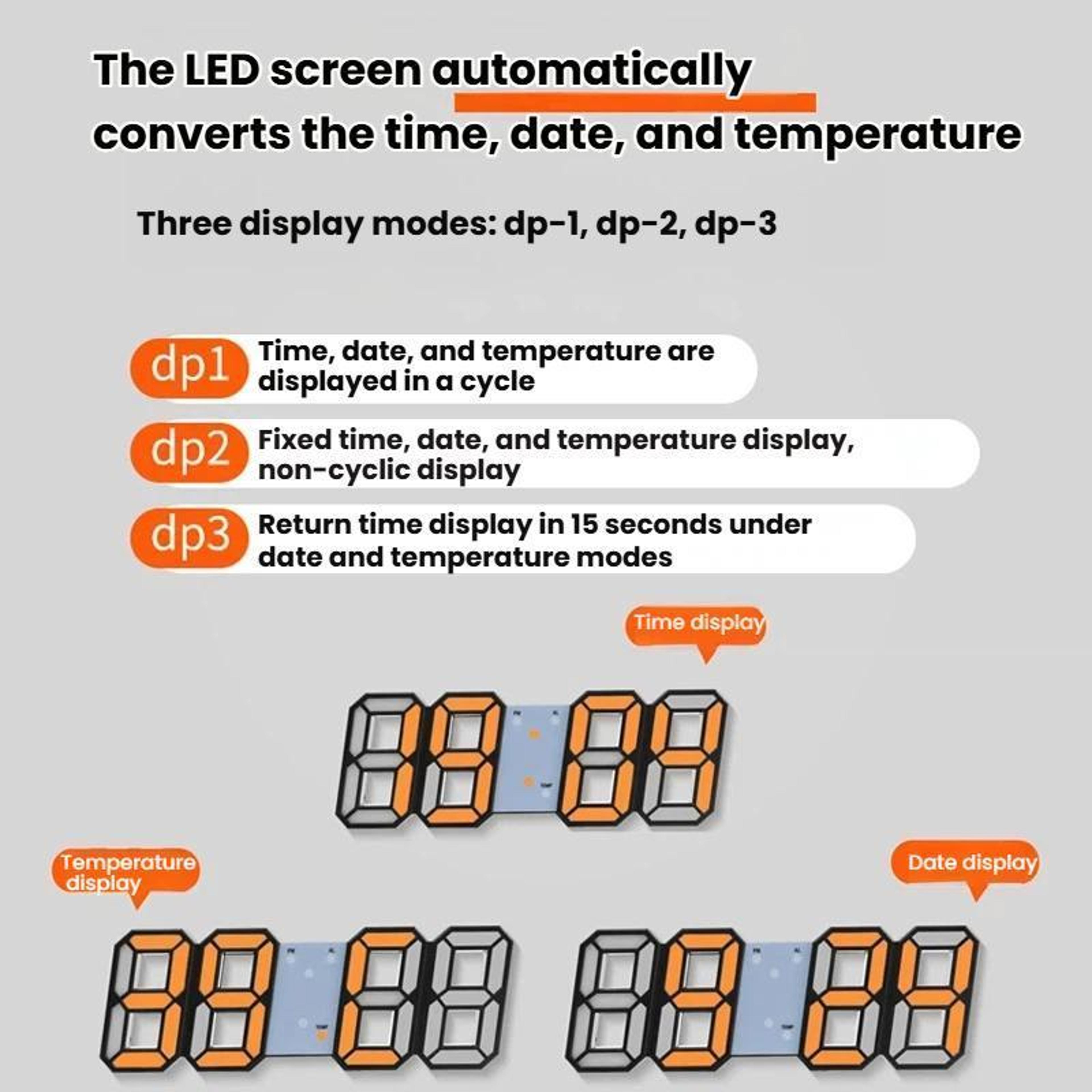 RGB 3D LED Digital Wall Clock With Auto Brightness And Triple Alarm 4