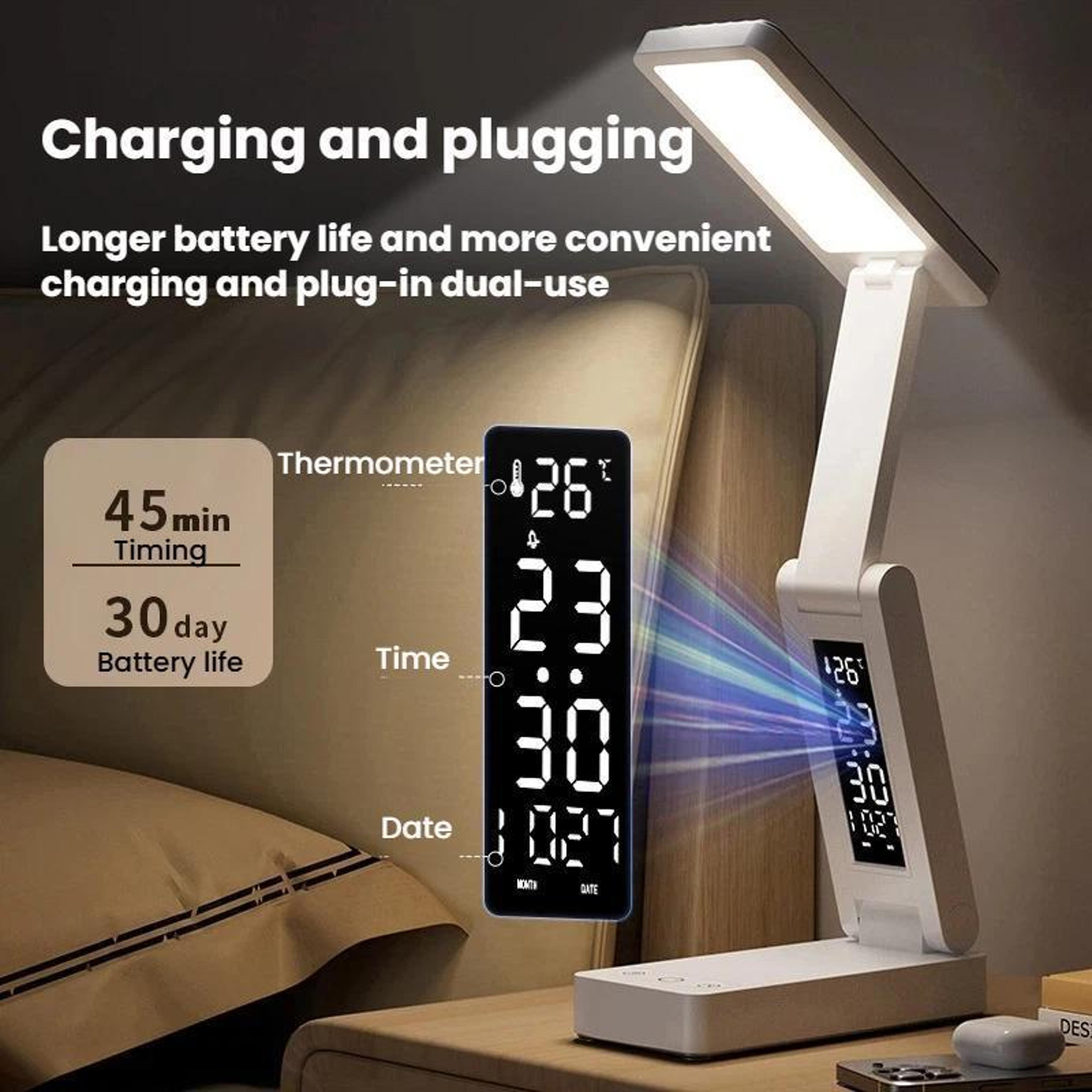 Rechargeable LED Desk Lamp With Digital Clock Foldable EyeCaring Study Light 1