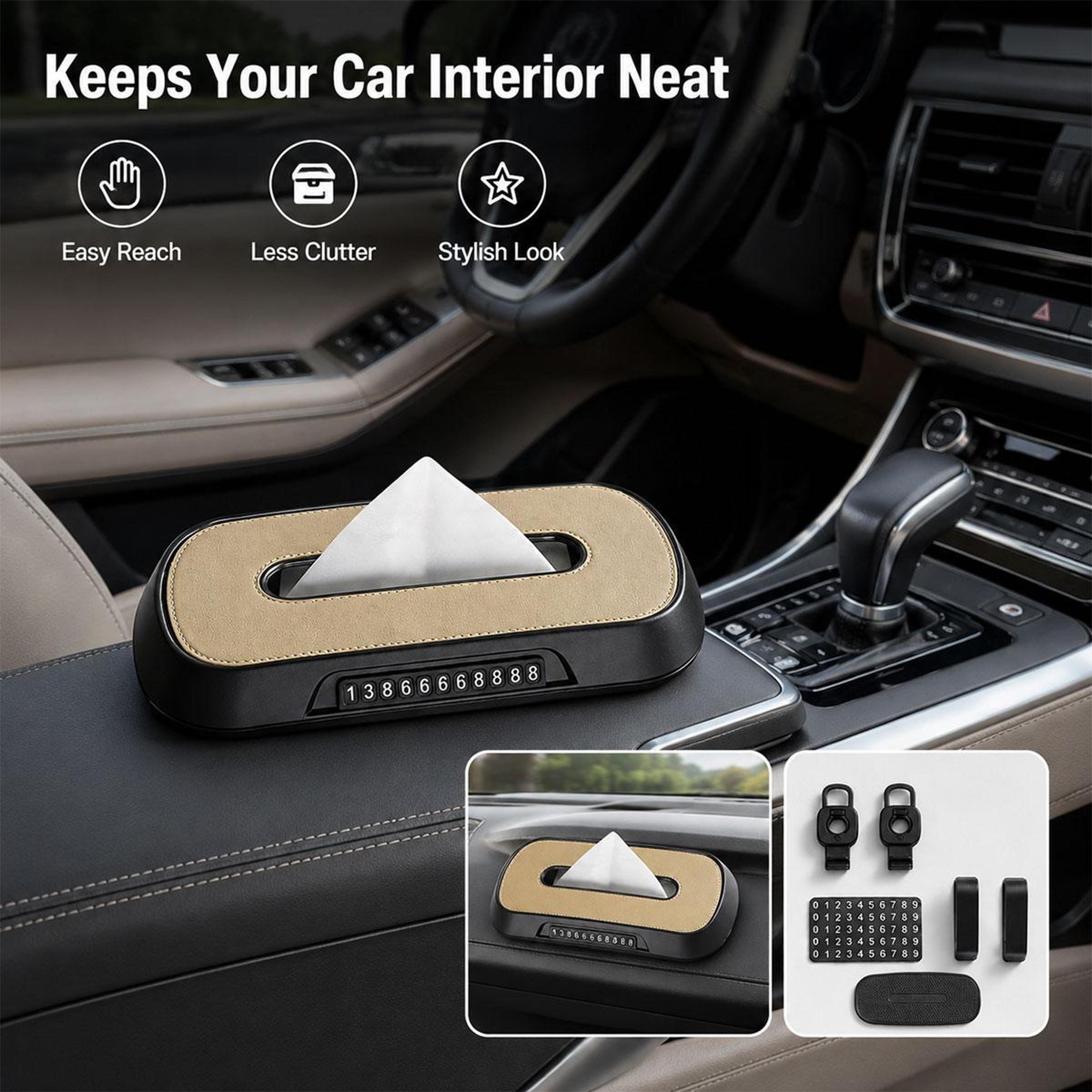 2in1 Car Tissue Box With Temporary Parking Phone Number Card And Leather Holder 9
