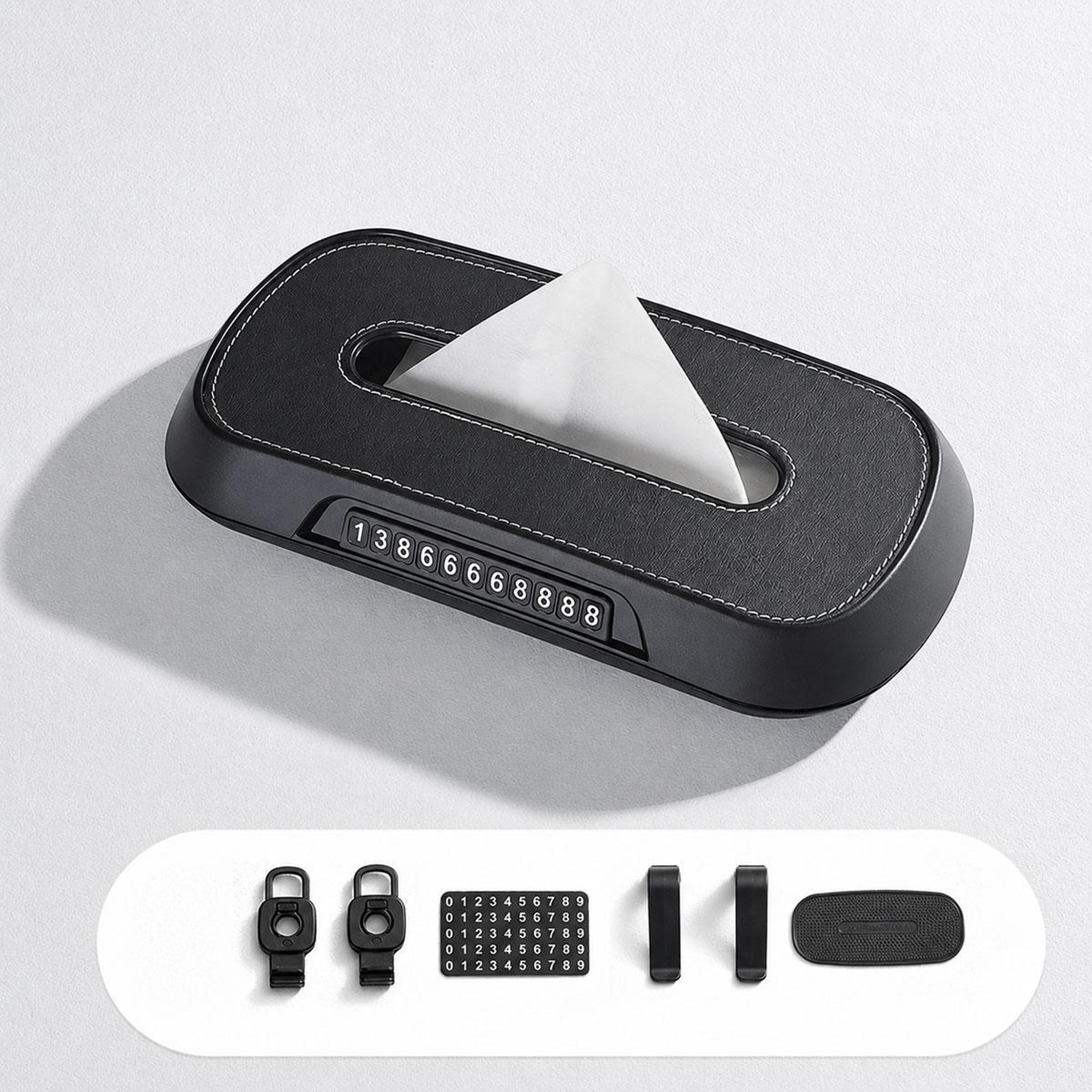 2in1 Car Tissue Box With Temporary Parking Phone Number Card And Leather Holder 11