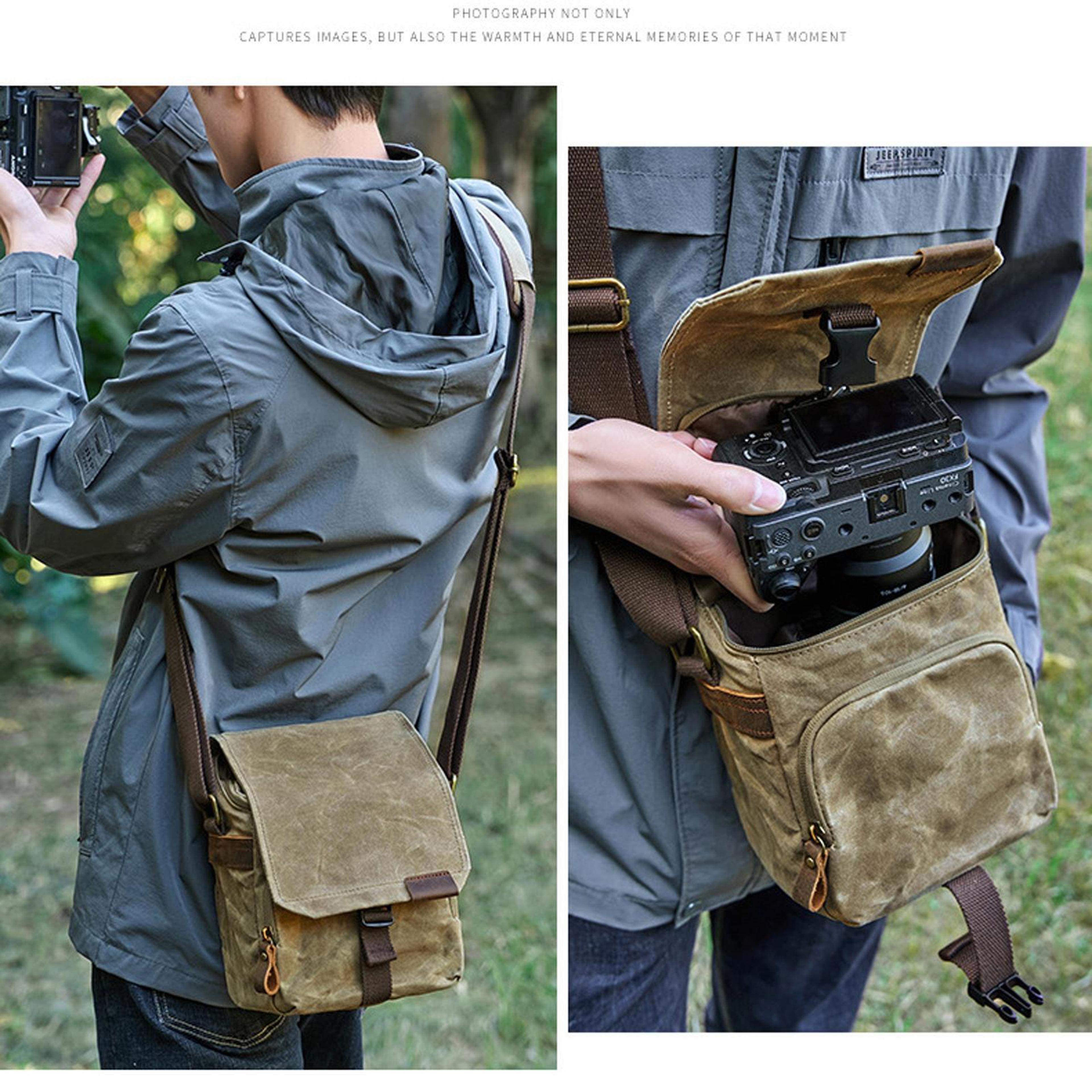 Vintage Waxed Canvas Camera Bag WaterRepellent DSLR  Mirrorless Shoulder Messenger Bag 4