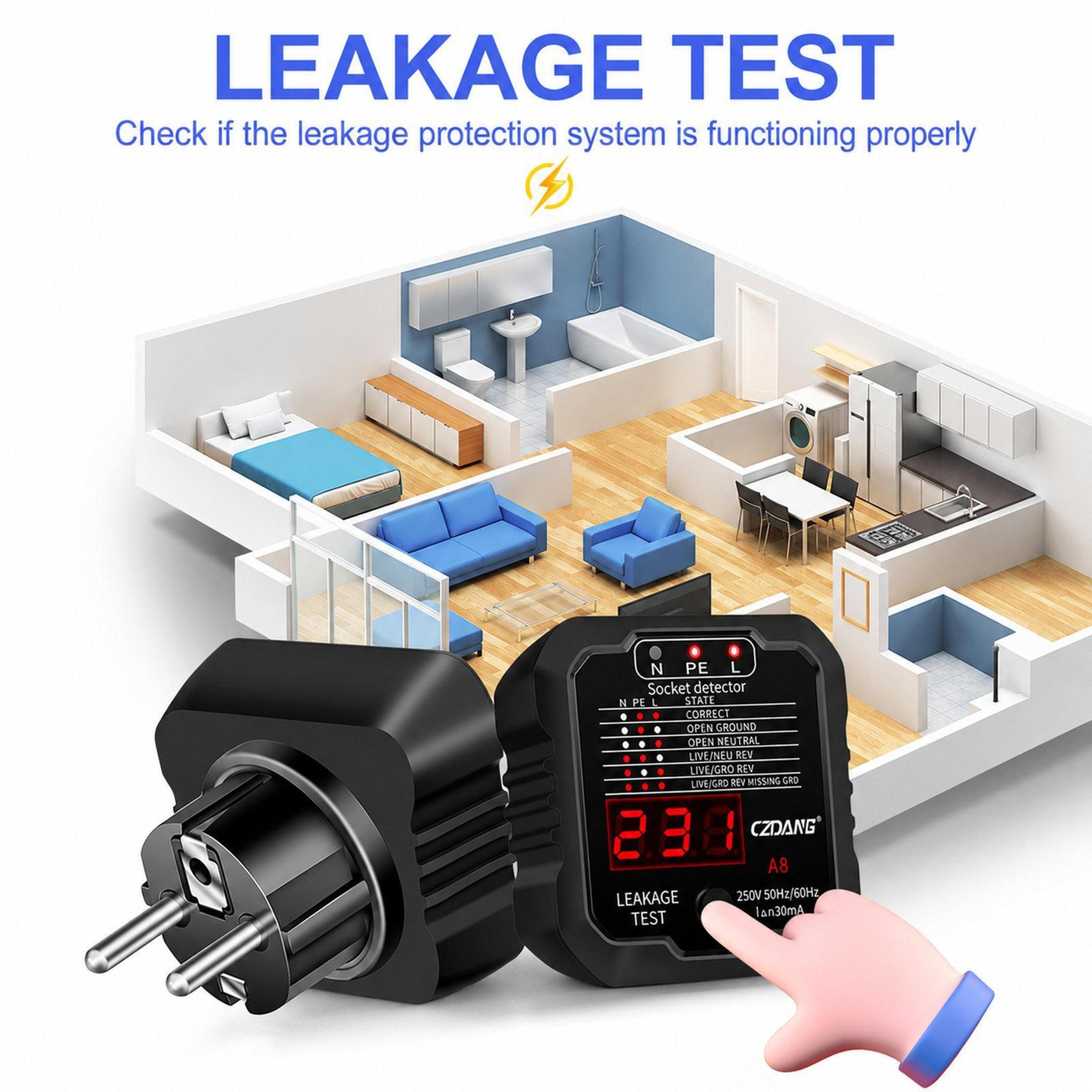 A8 Socket Tester With RCD Leakage Tester And Digital Voltage Display 5