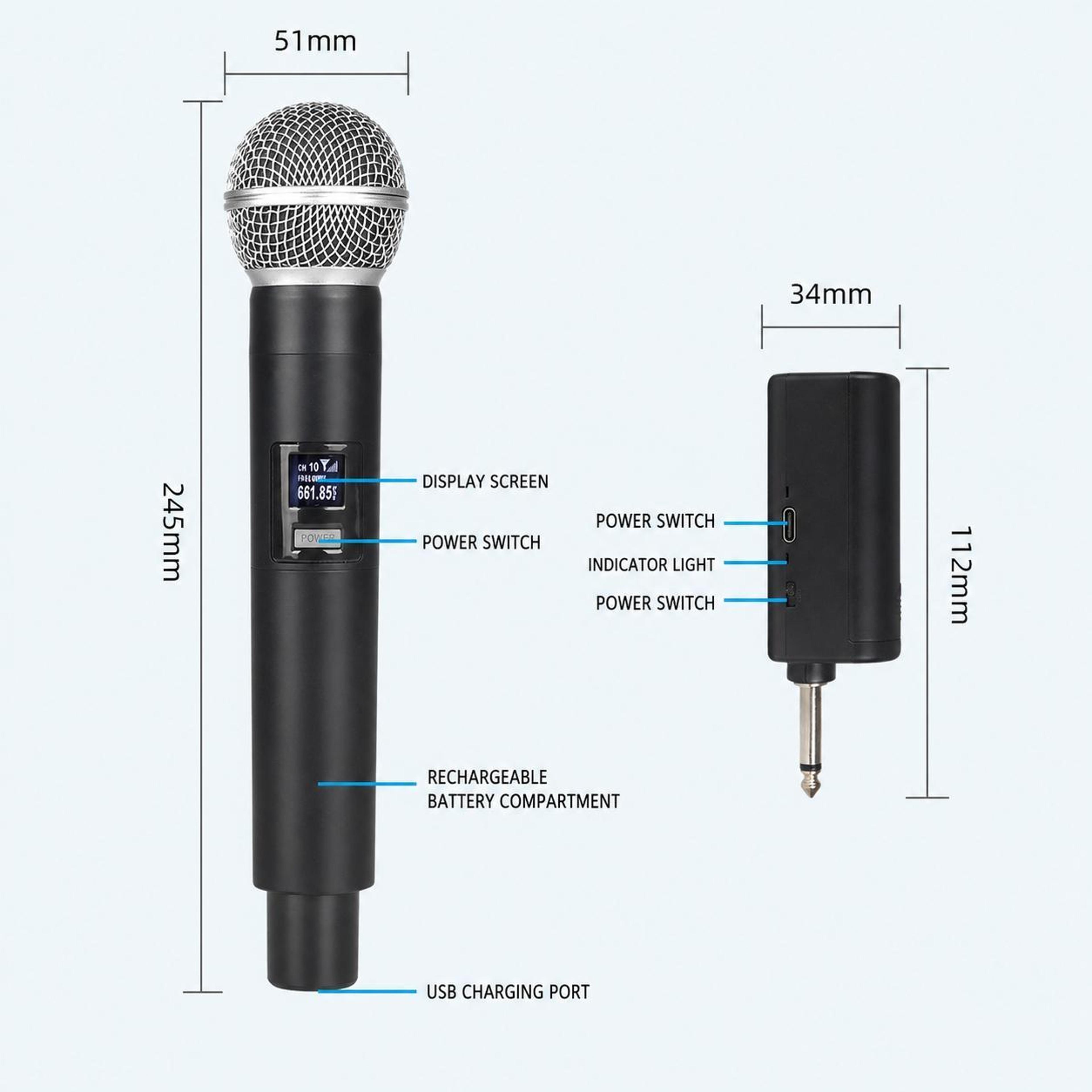 UHF Wireless Microphone With Rechargeable Receiver And 50m Range 1