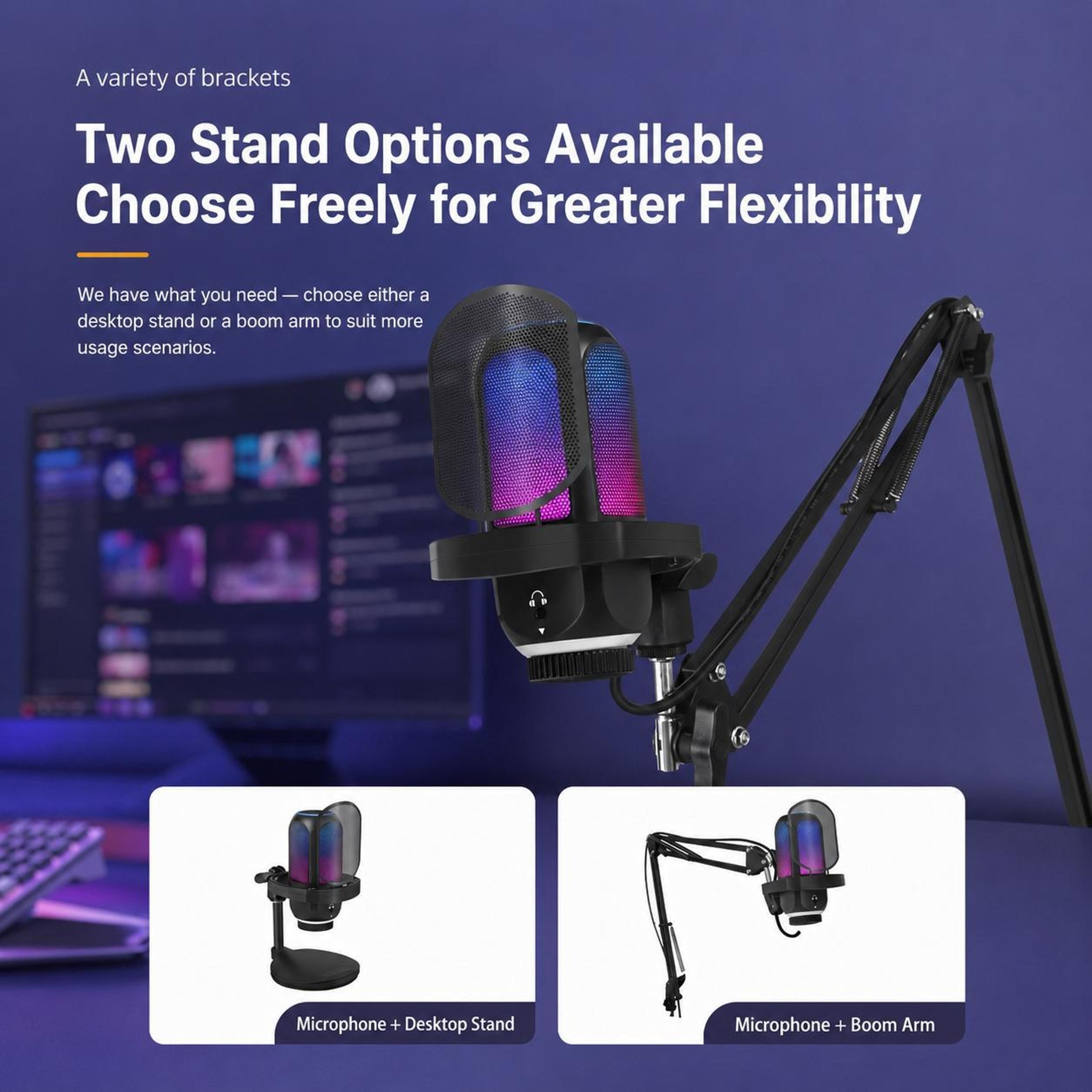 AI Noise Reduction USB Condenser Microphone With RGB Lighting And Adjustable Boom Arm 4