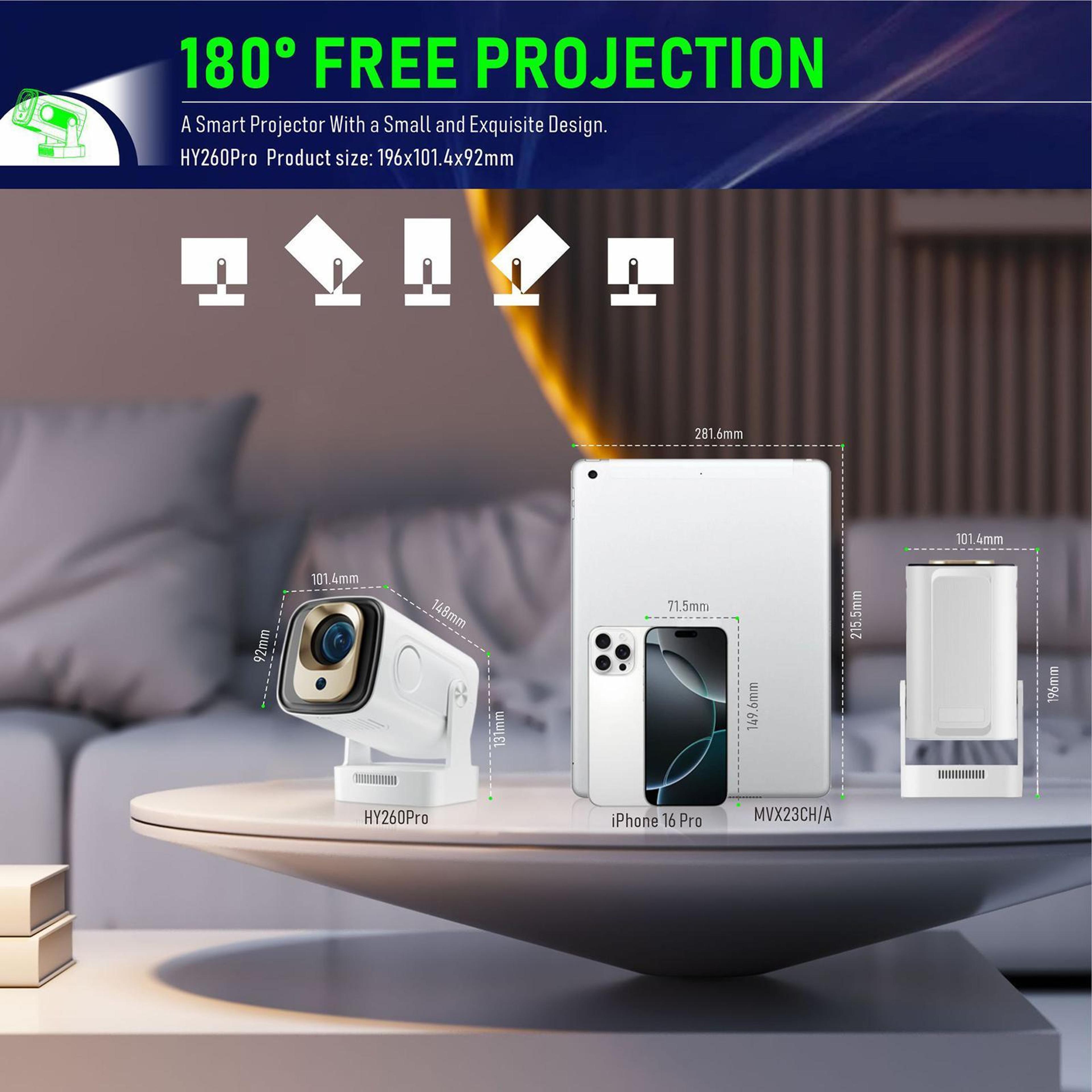 HY260 Pro 1080P Smart Projector With WiFi 6 4K Support And Short Throw 3