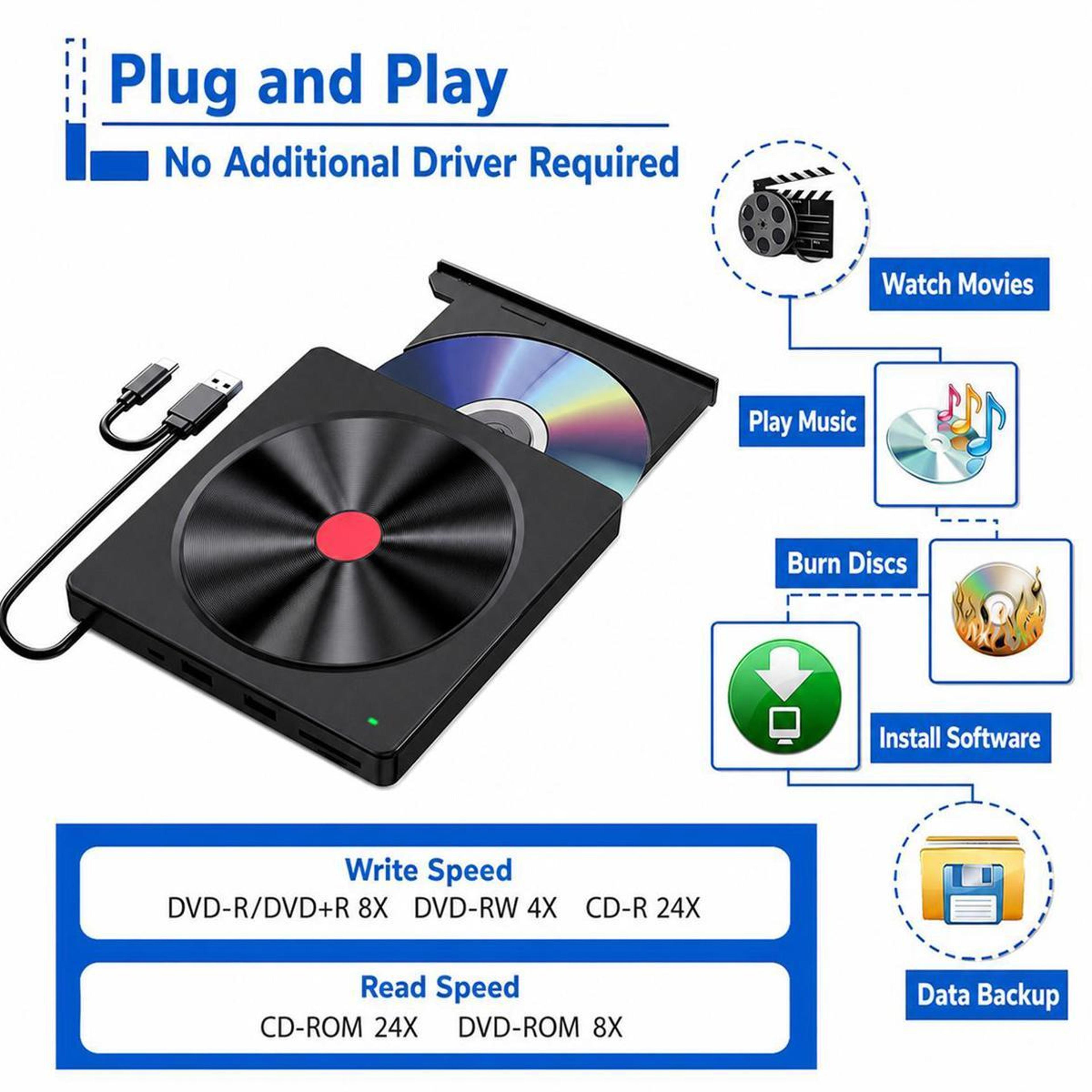 USB 30 TypeC External CD Drive Portable CD Burner For Laptops  PCs 6