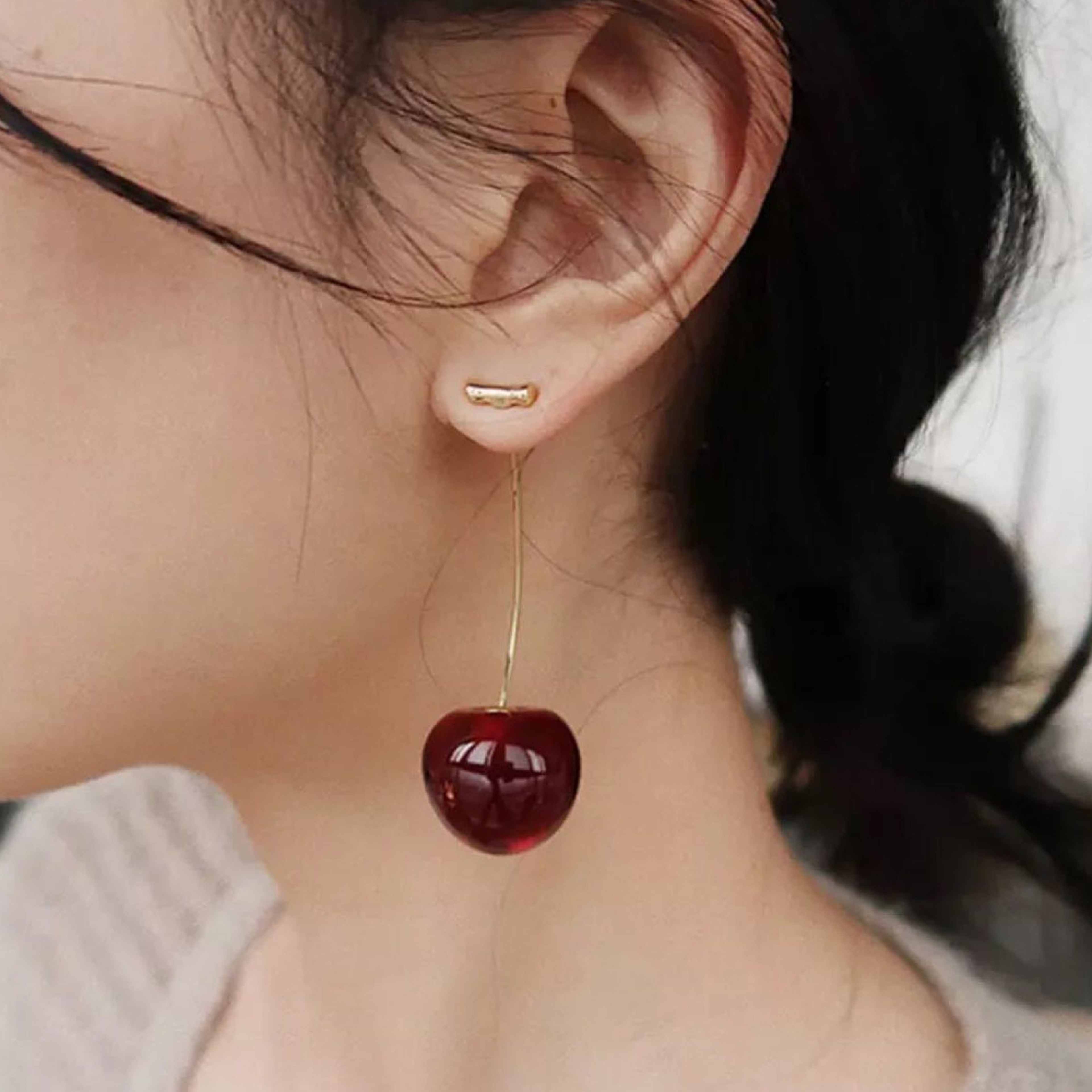 Drop Cherry Earrings With Gold Stems 1