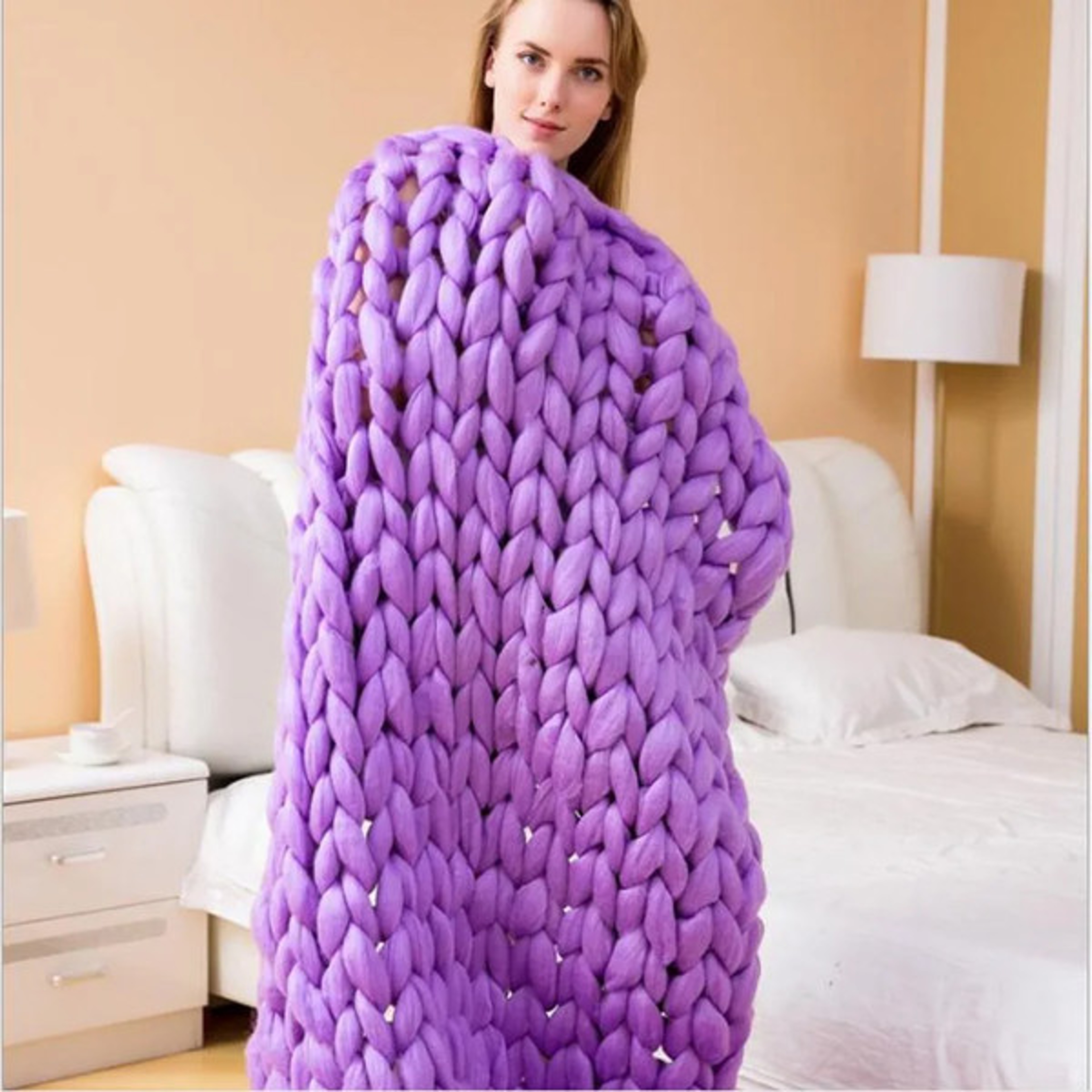 Soft and Lightweight Handmade Chunky Knit Blanket, Acrylic & Polyester Fabric, Comfortable All Year Round purple