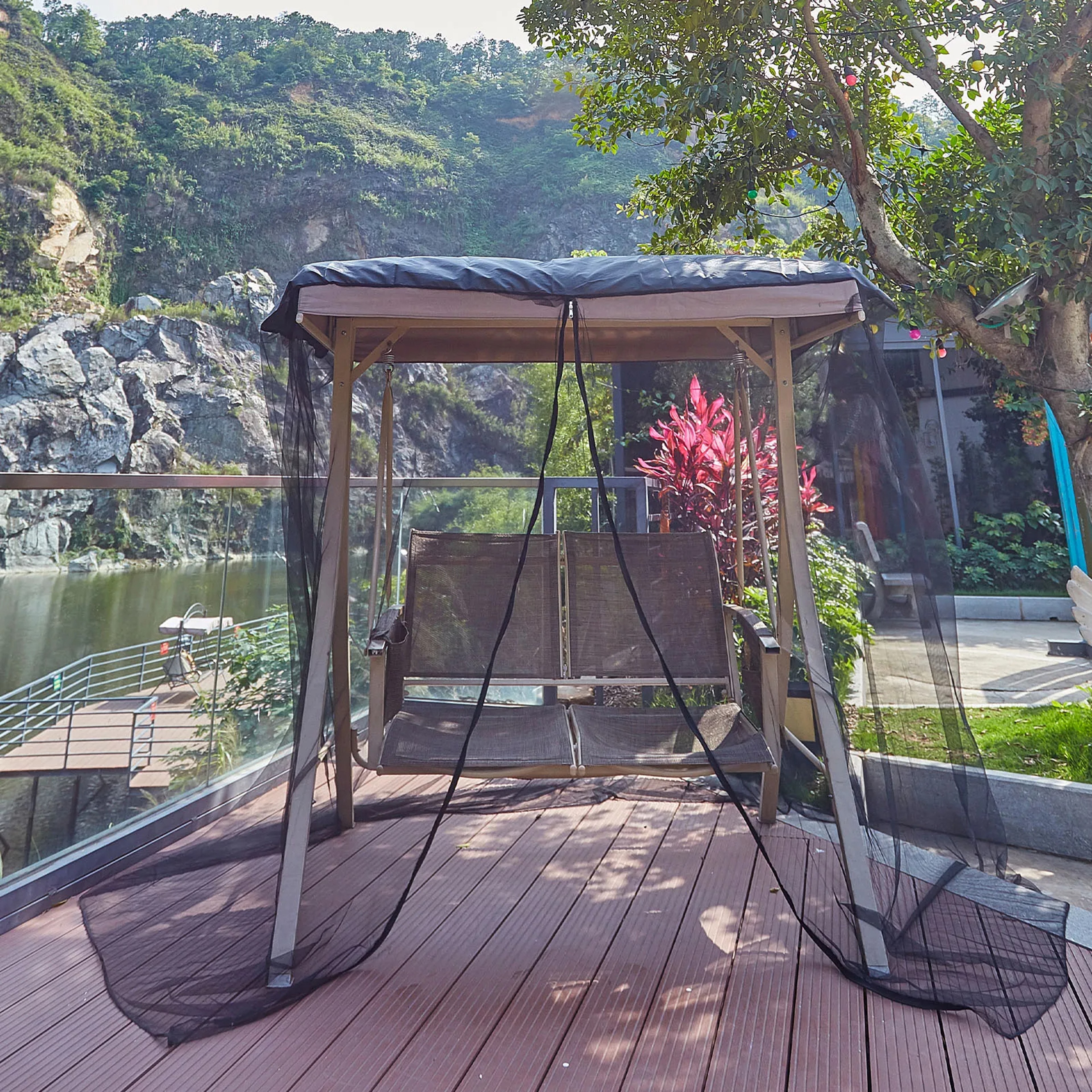 Patio Swing Mosquito Netting Polyester Mesh Screen with Zipper Opening  Roof Waterproof tent3