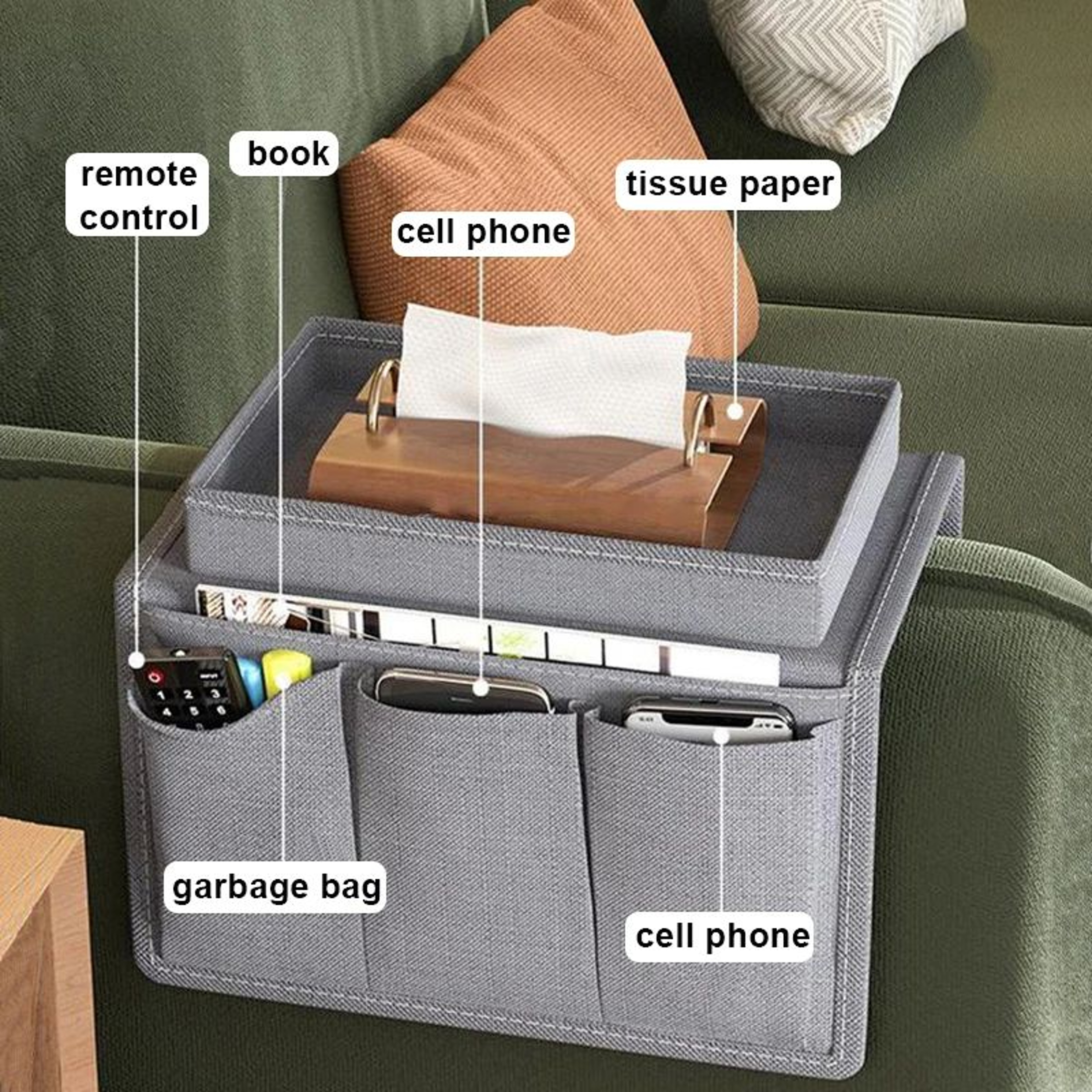 Premium Sofa Armrest Organizer Multifunctional Sofa Storage Bag With Cellphone Coffee Cup  Tissue T 5