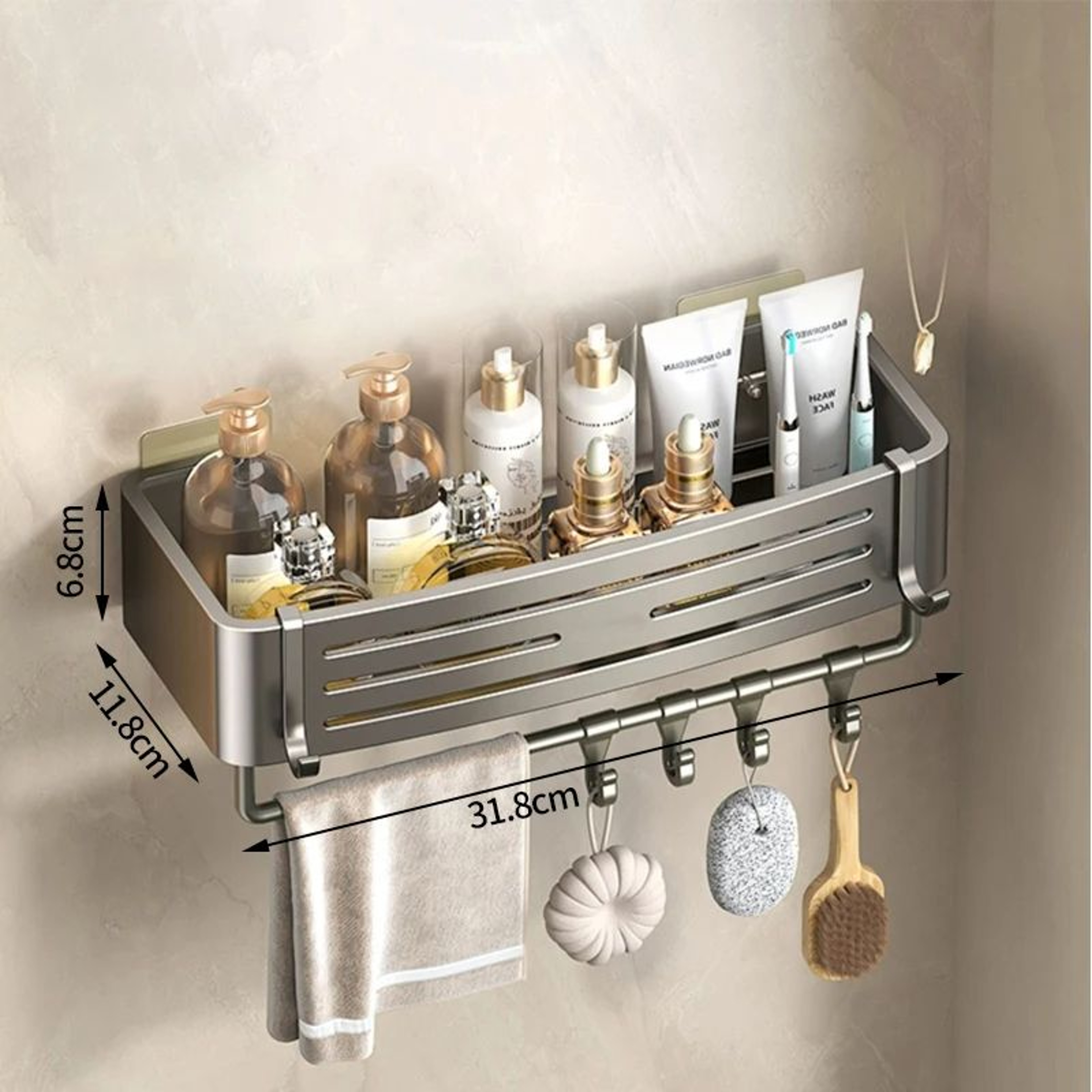 WallMounted Bathroom Accessories NoDrill Shampoo Shelf Makeup Organizer Aluminum Alloy Storage Hold 6