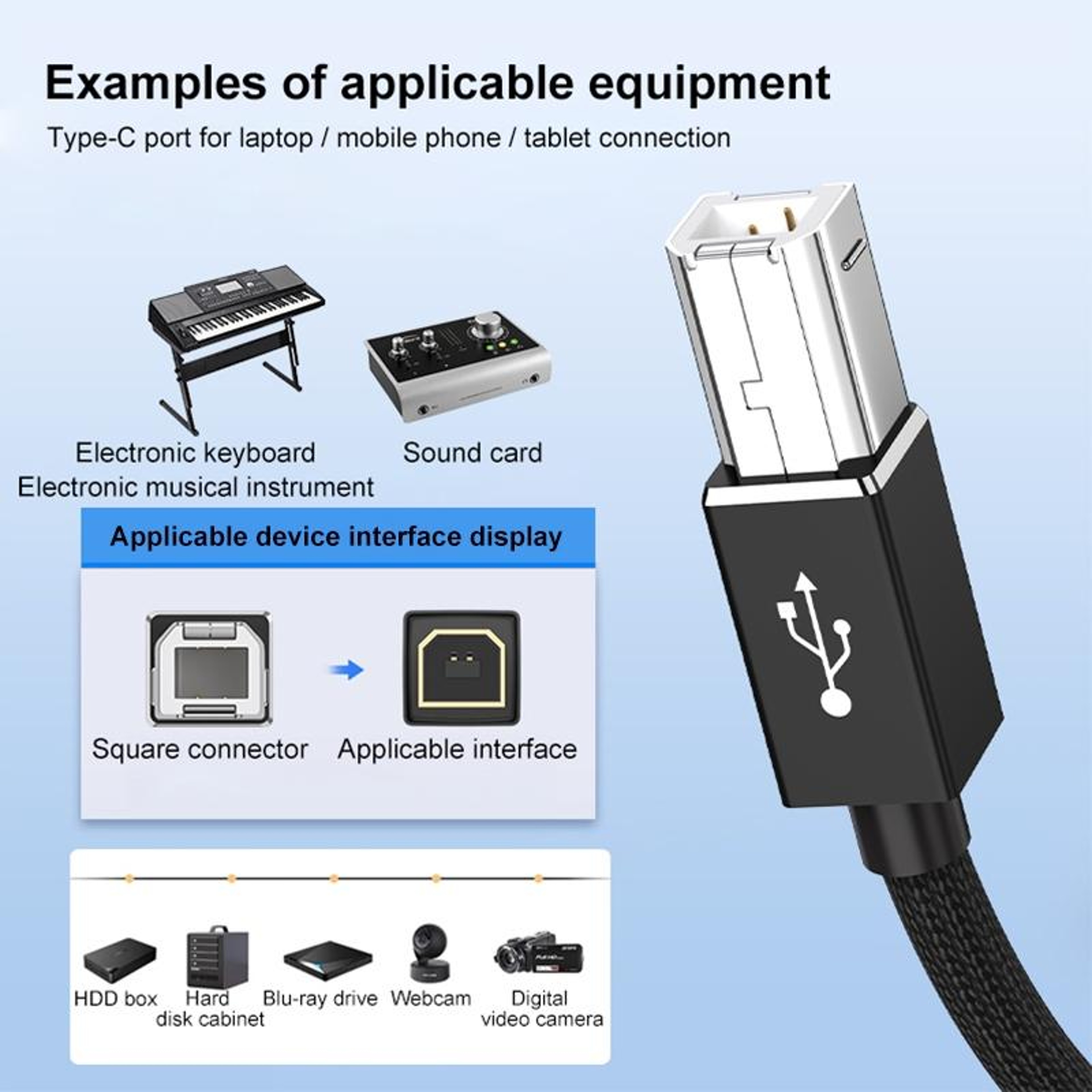 3-in-1 Multi Device USB Printer Cable, USB C Micro USB Lightning to USB B MIDI Cable 1m – view 3