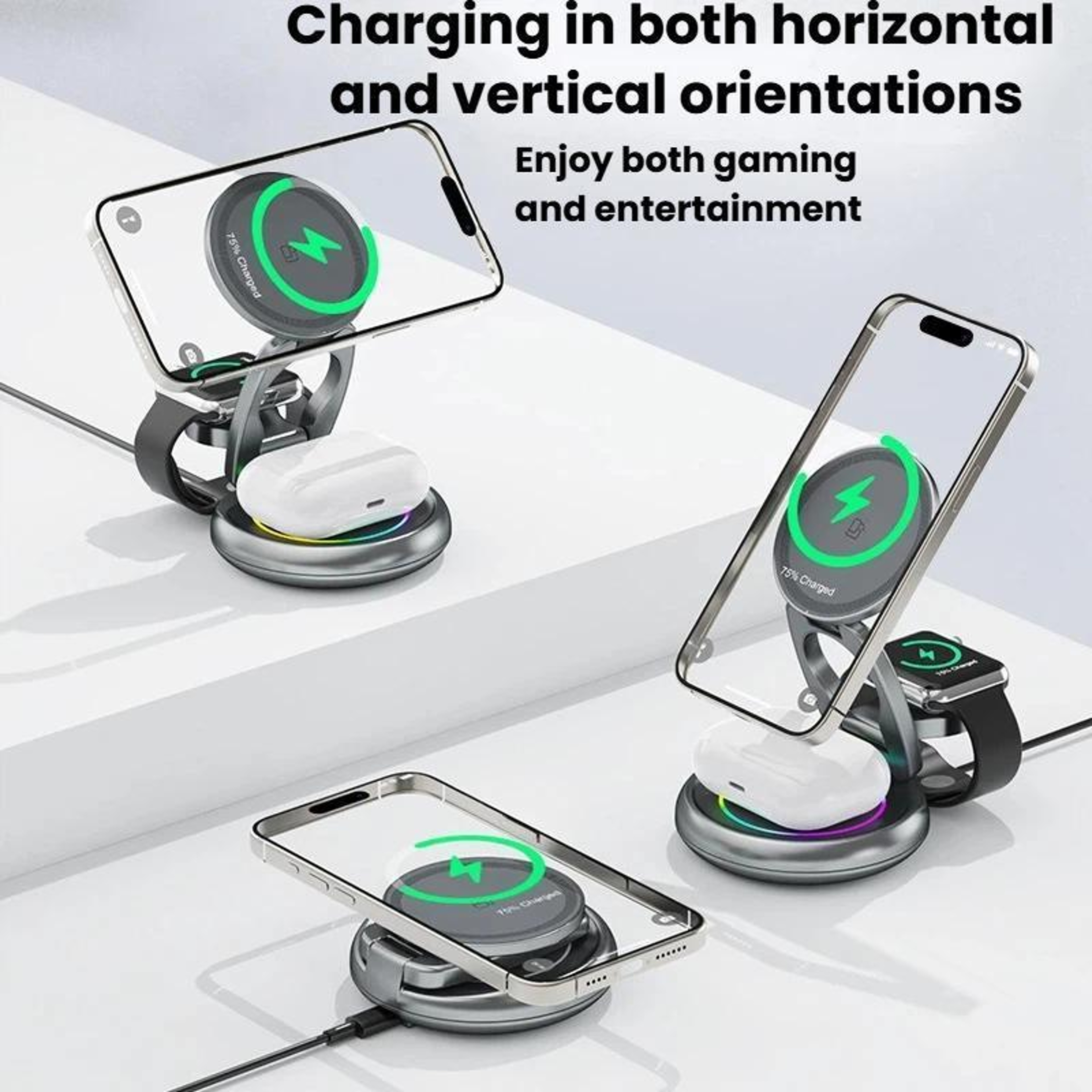 15W 3 in 1 Magnetic Wireless Charging Stand with LED Lights Rotatable Desktop Dock – view 2
