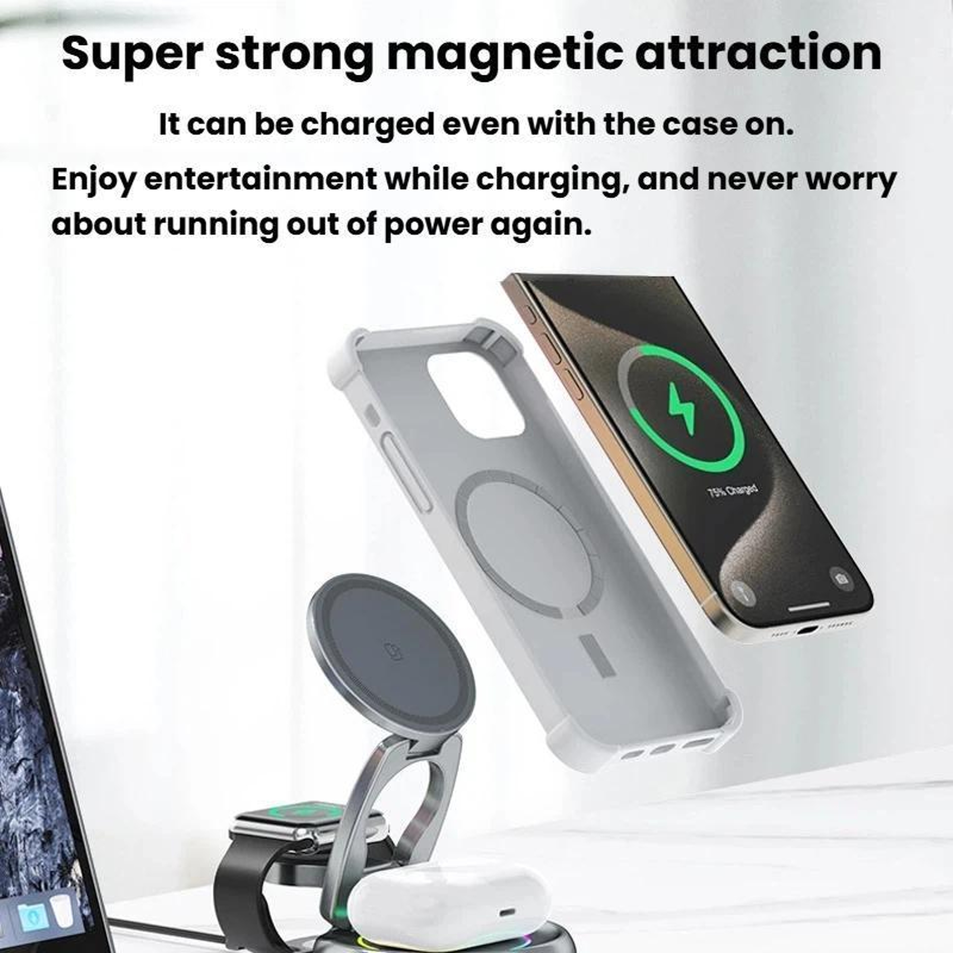 15W 3 in 1 Magnetic Wireless Charging Stand with LED Lights Rotatable Desktop Dock – view 8