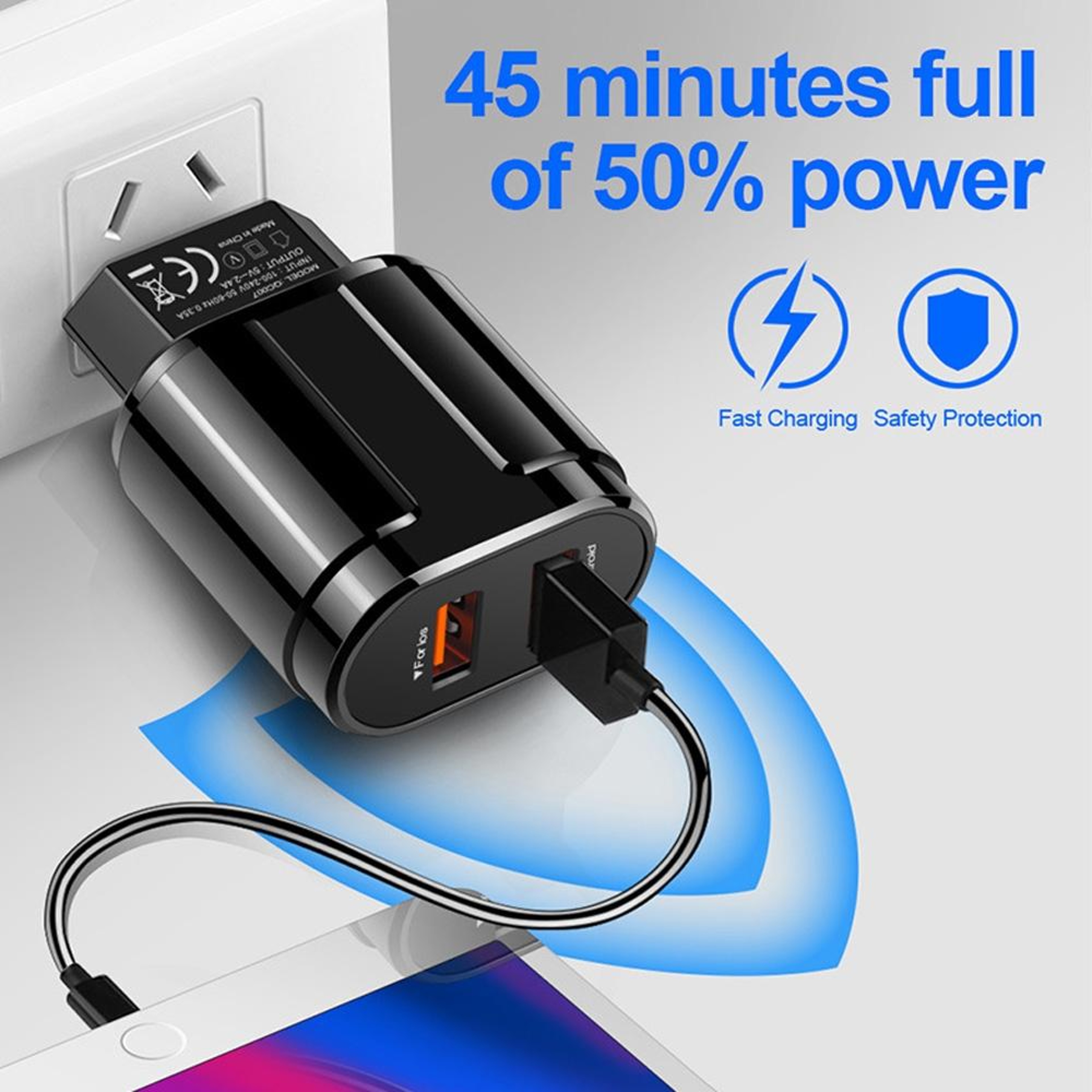 Dual USB Travel Charger With 8 Pin Cable Fast Charging Compact  Adapter 5
