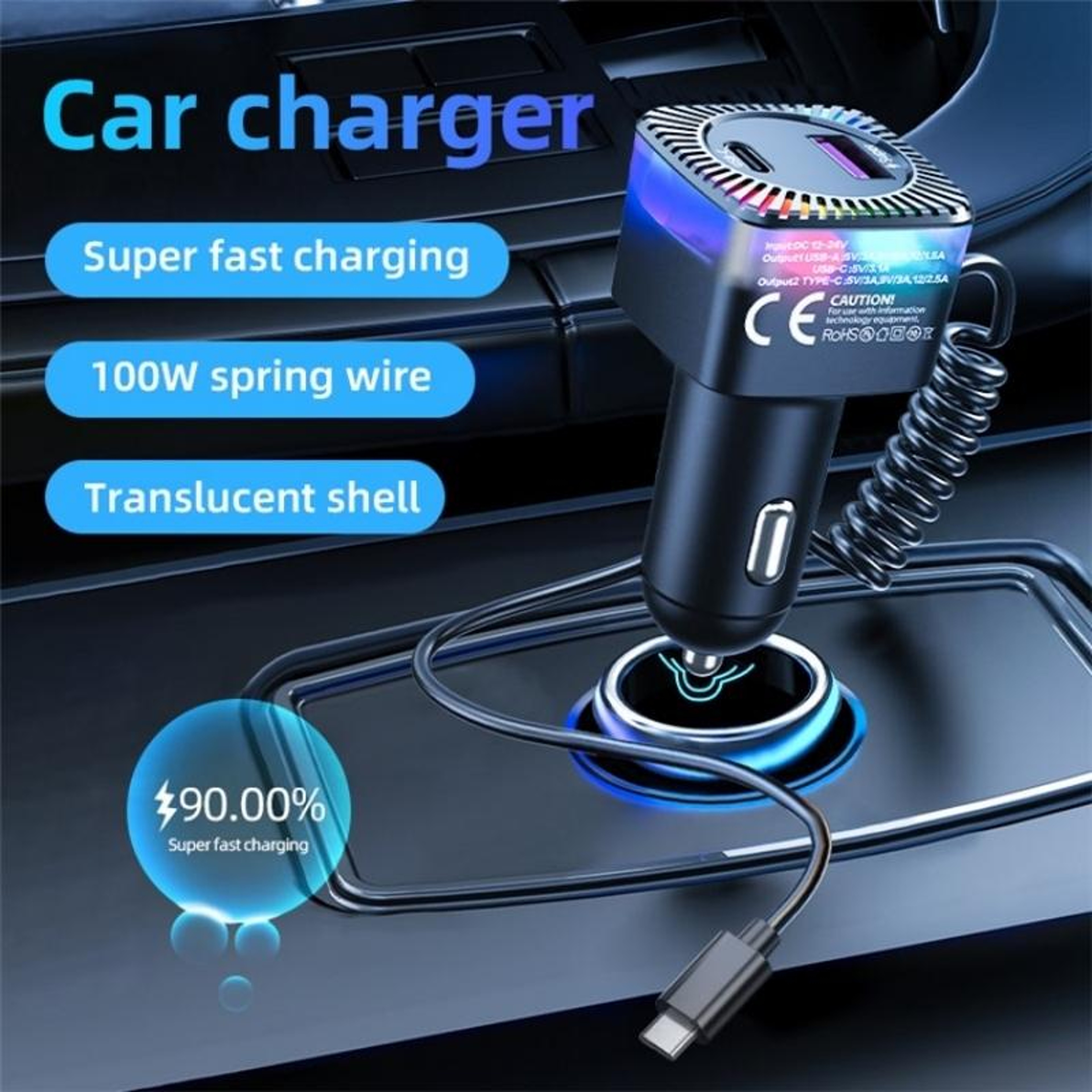 30W PD Car Charger with Spring Type-C Cable USB Fast Charging Adapter – view 2
