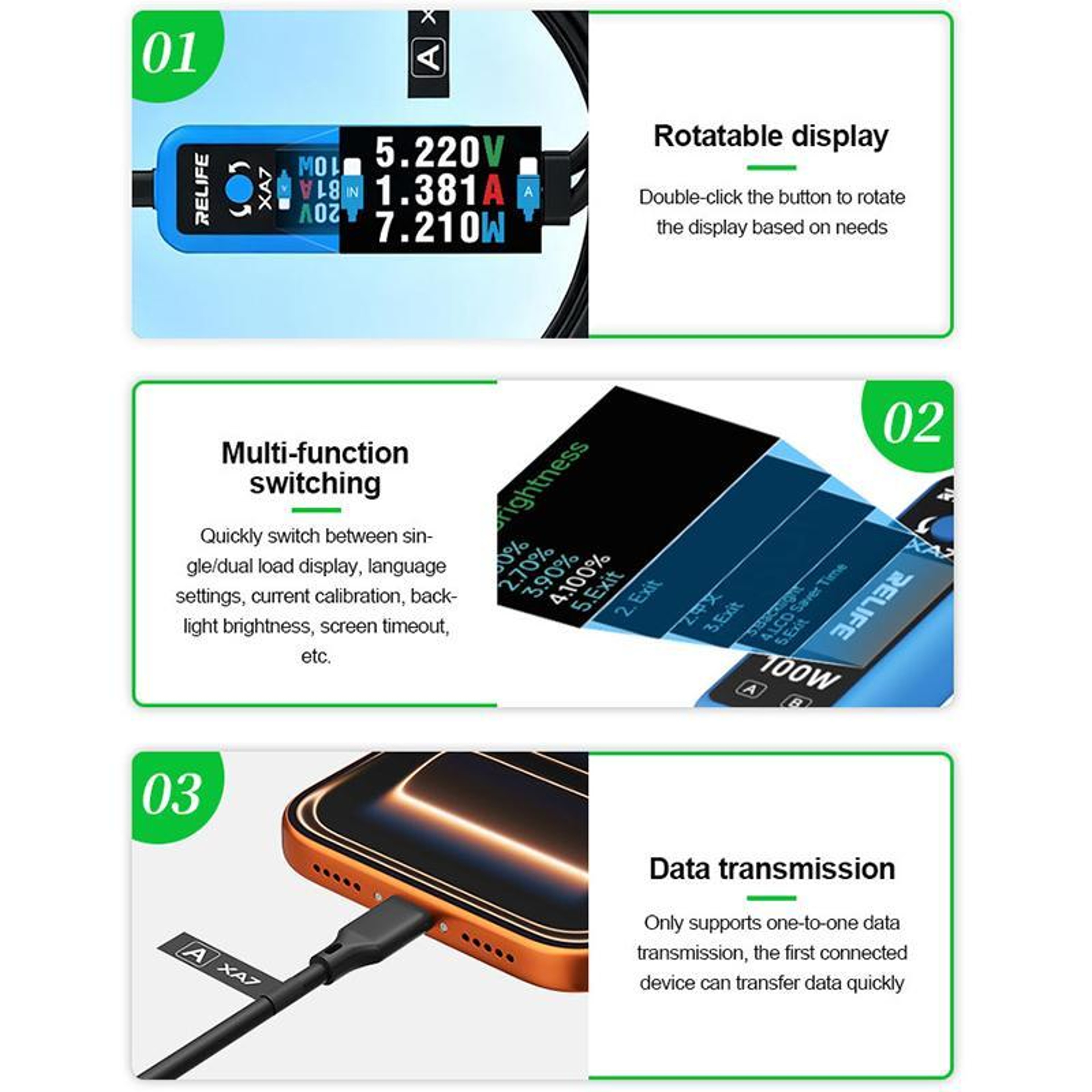 XA7 100W Fast Charging Cable 1 to 2 with Digital Display for iPhone Android Type C – view 4