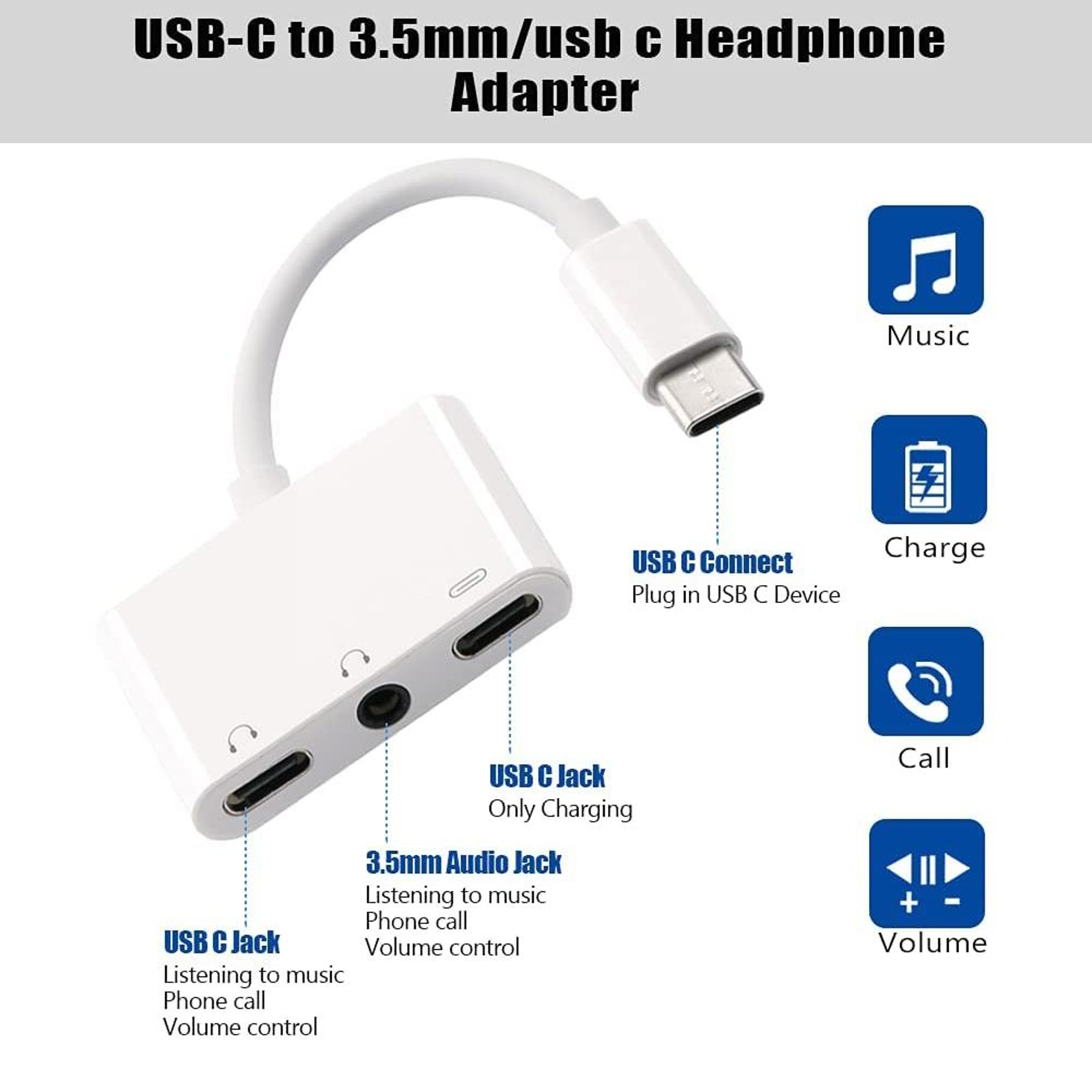 3 in 1 USB-C Audio Adapter with PD Charging and 3.5mm Jack Converter White – view 3