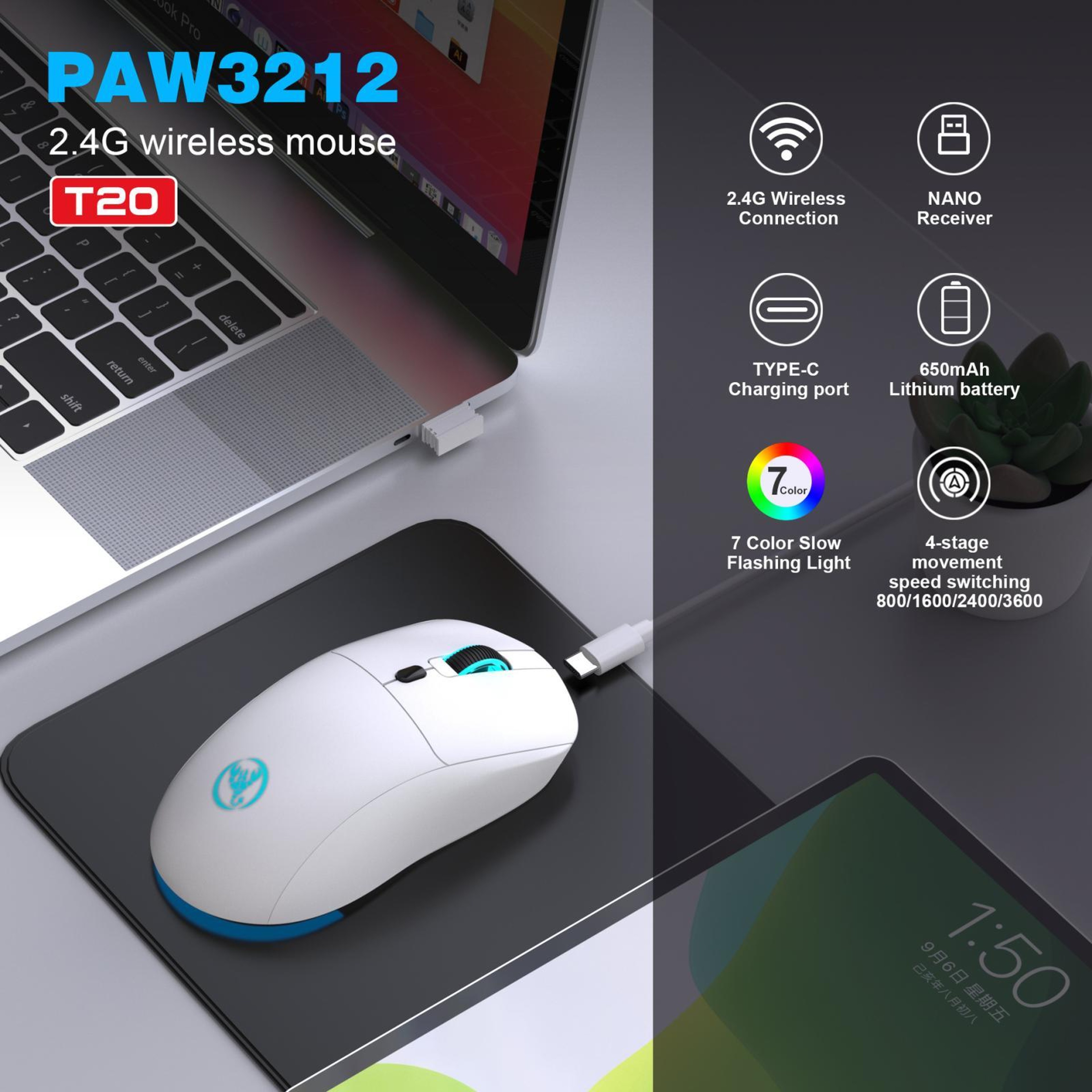 HXSJ T20 Rechargeable Wireless Mouse 3600 DPI Ergonomic Gaming Mouse with RGB Lighting – view 8