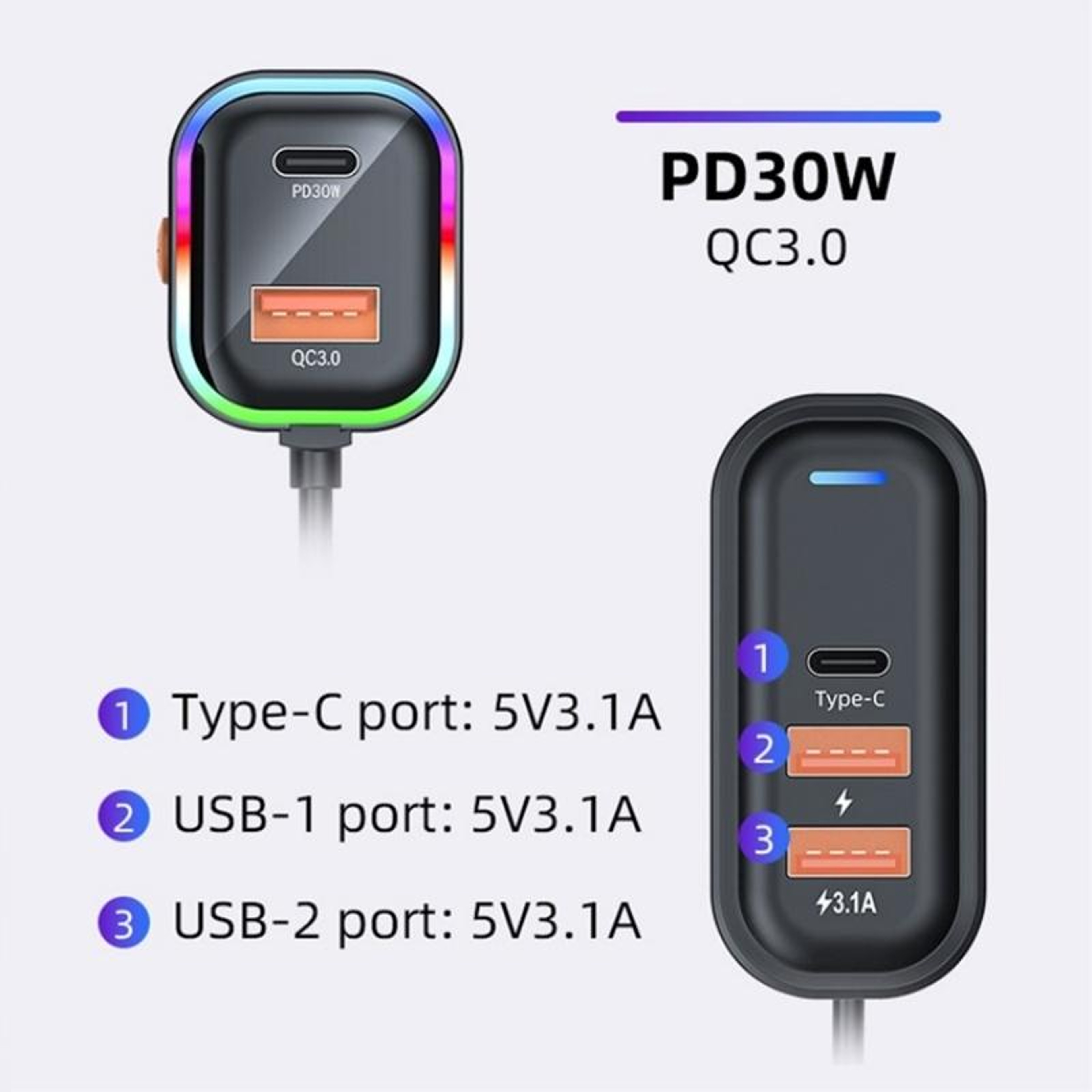 66W Fast Car Charger 5-Port USB C Charging Hub with Extension Cable for Multi-Device Travel – view 7