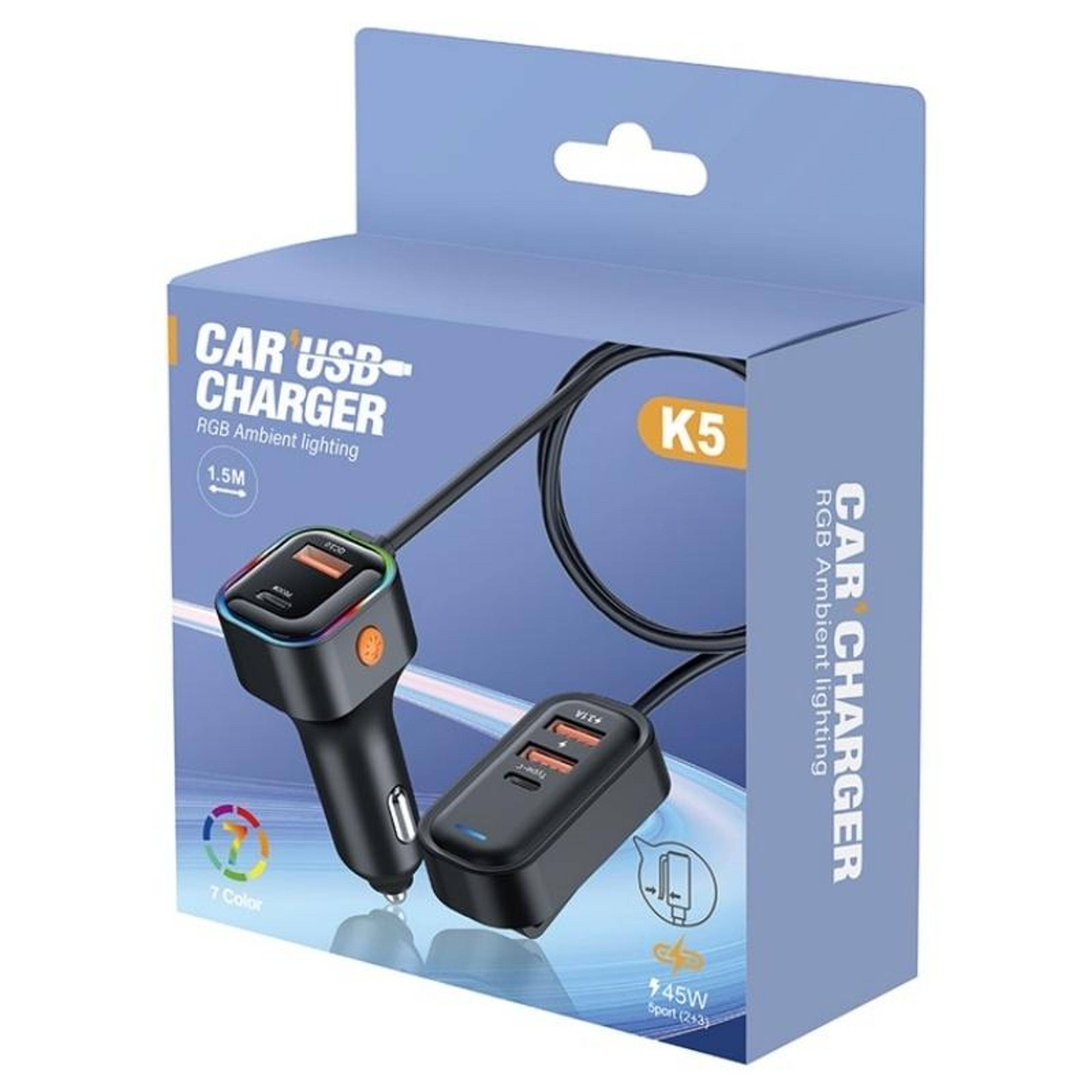 66W Fast Car Charger 5-Port USB C Charging Hub with Extension Cable for Multi-Device Travel – view 8