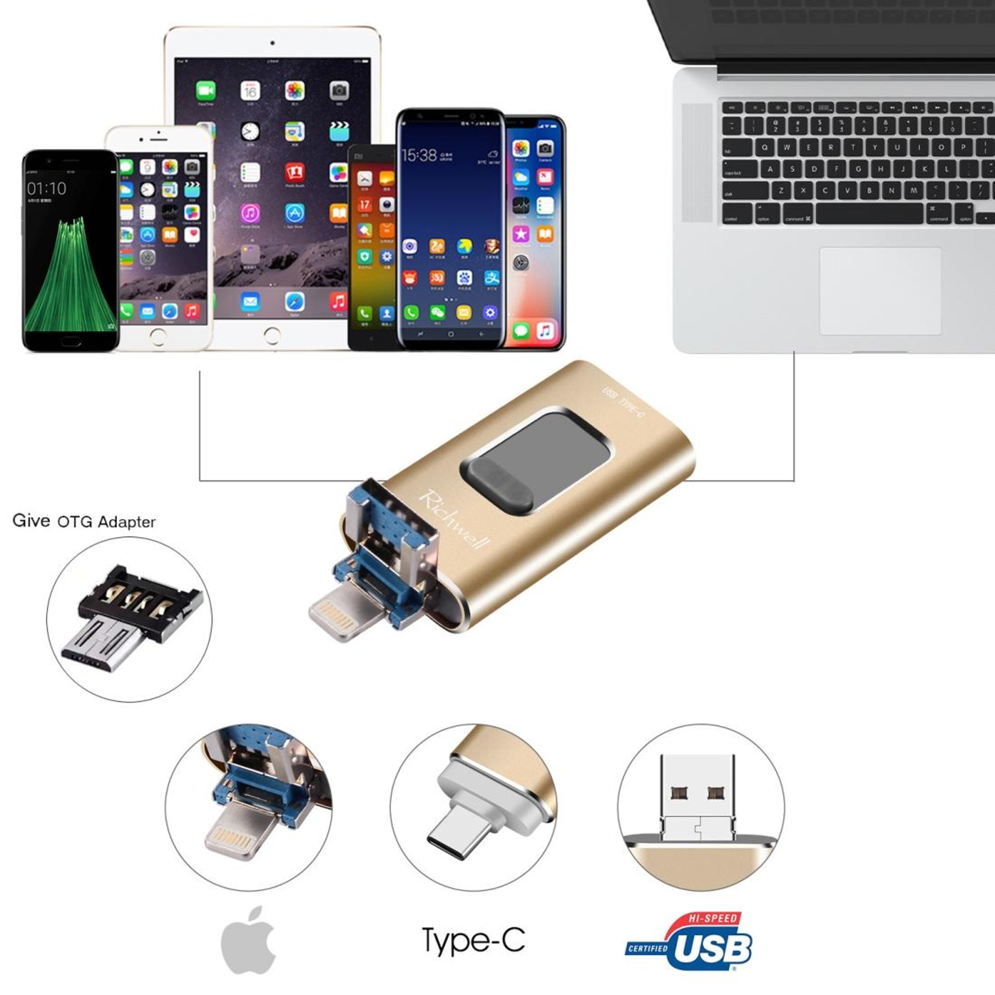 Richwell 3 in 1 OTG USB Drive Type C Lightning USB 3.0 16GB Metal Flash Drive – view 3