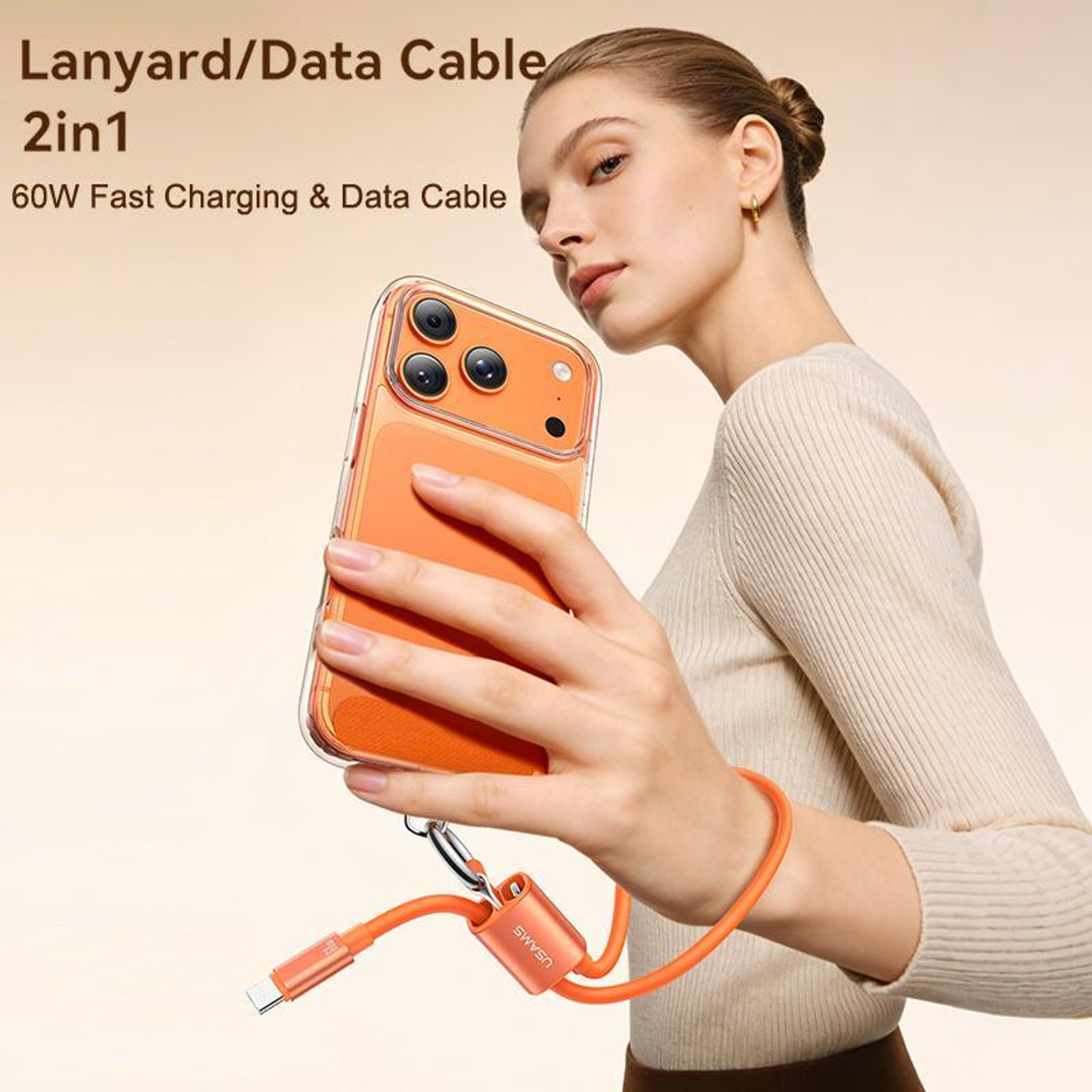 USAMS 60W USB-C Fast Charging Lanyard Cable Short 30cm Durable Type-C Data Cable – view 2