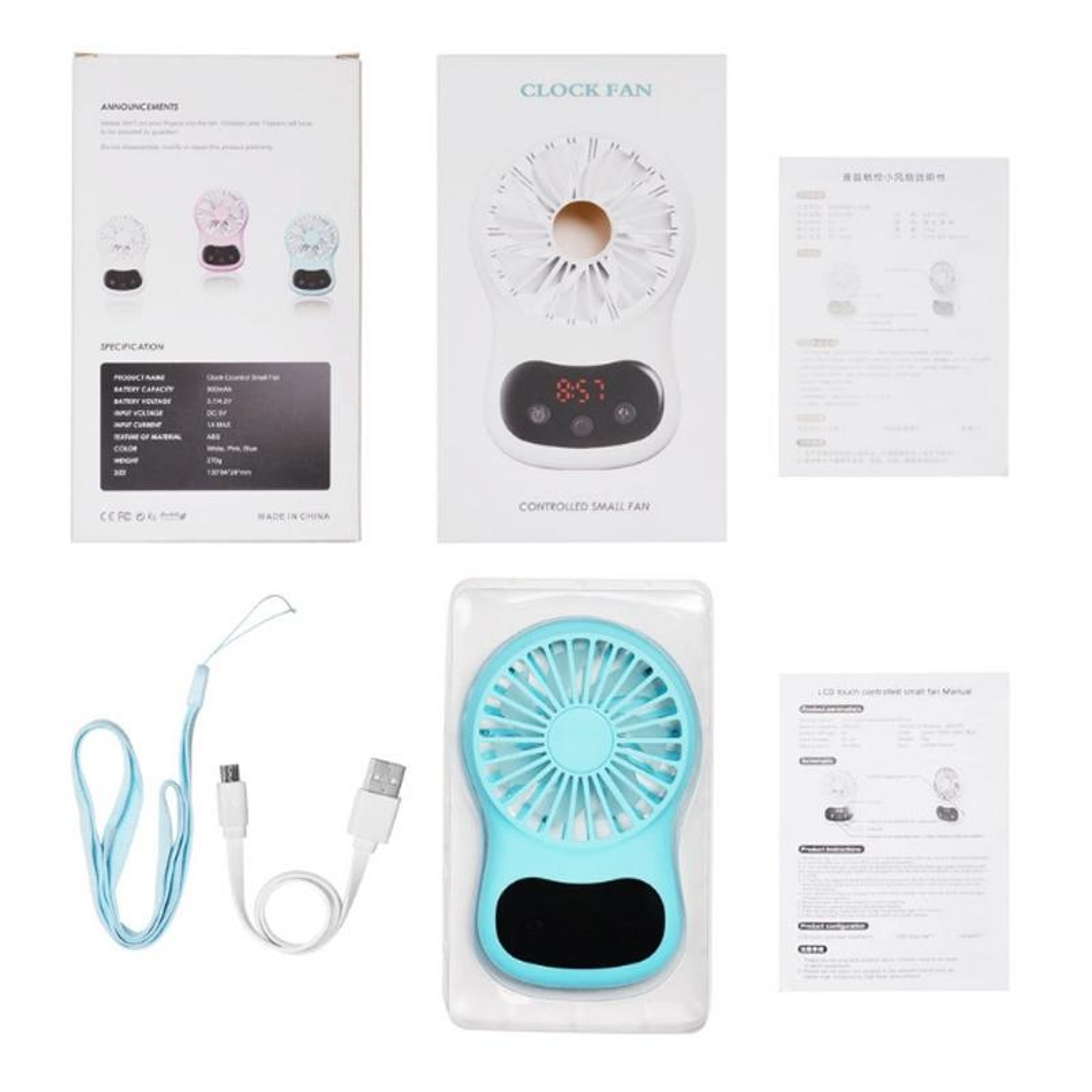 CoolTime Mini USB Desk Fan With Clock Display Portable Rechargeable Personal Fan 6