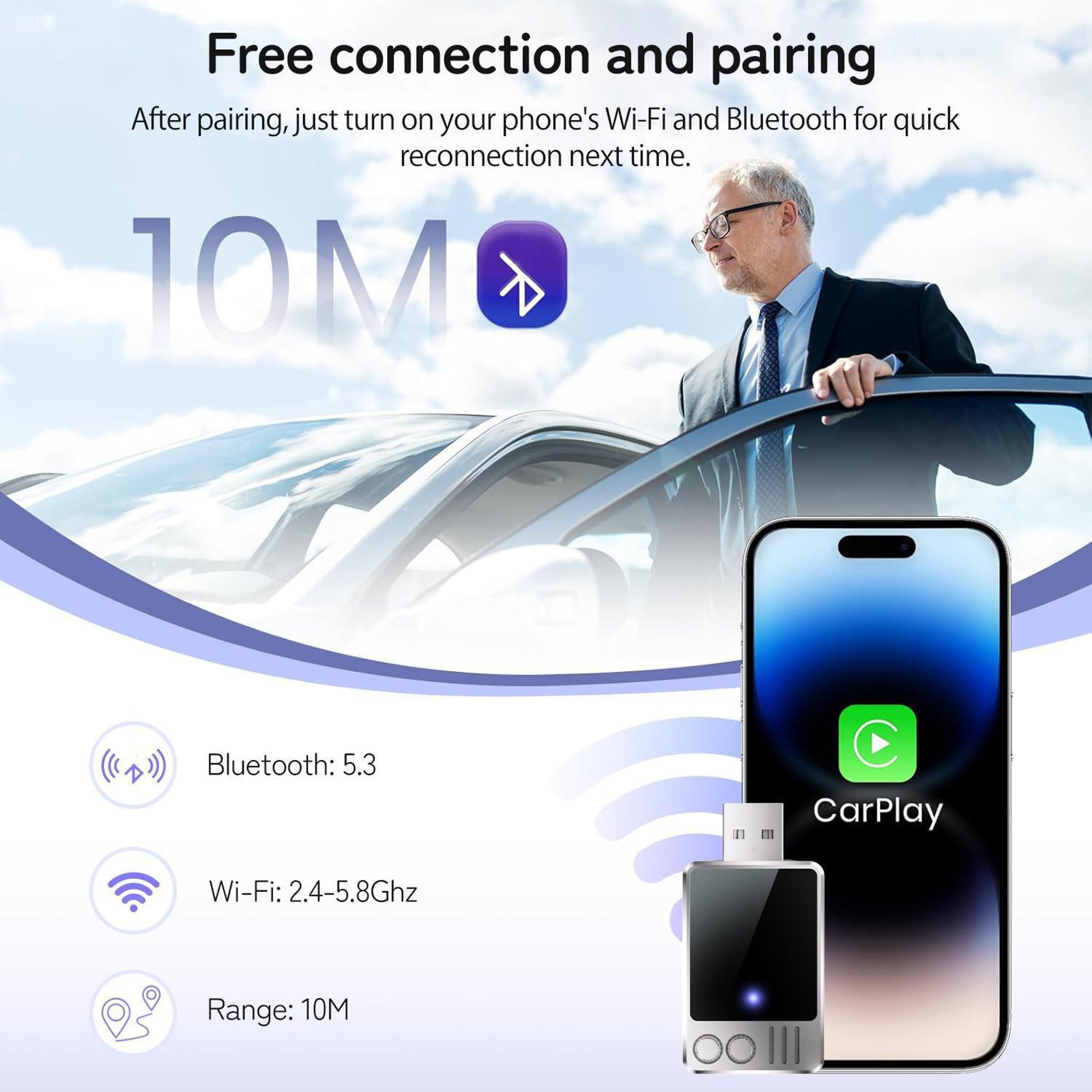 Wireless CarPlay Adapter Pro Bluetooth 5.3 Auto Connect Converter for Factory Wired CarPlay – view 3