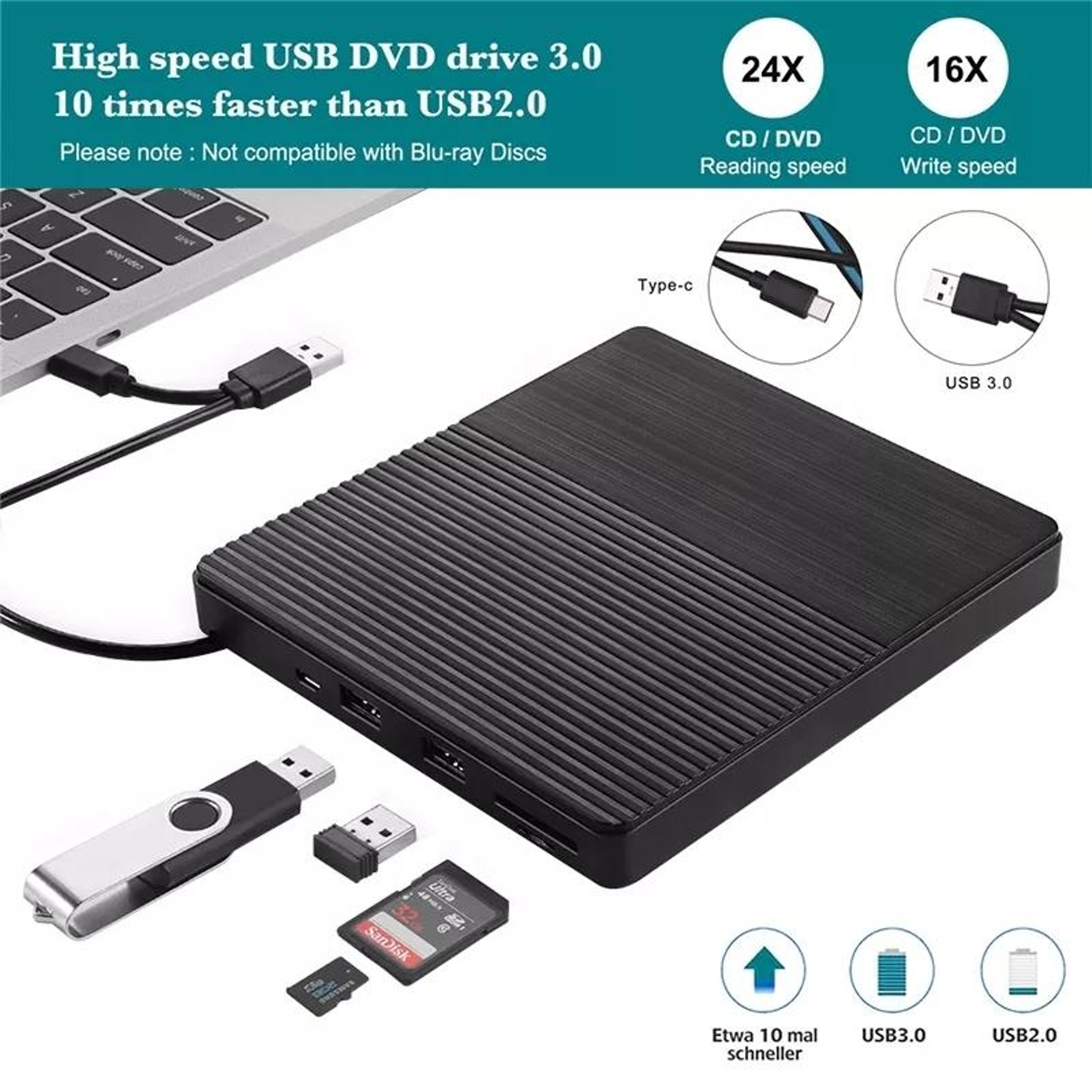 Type-C External CD/DVD Burner Drive with USB Hub & SD TF Card Reader – view 5