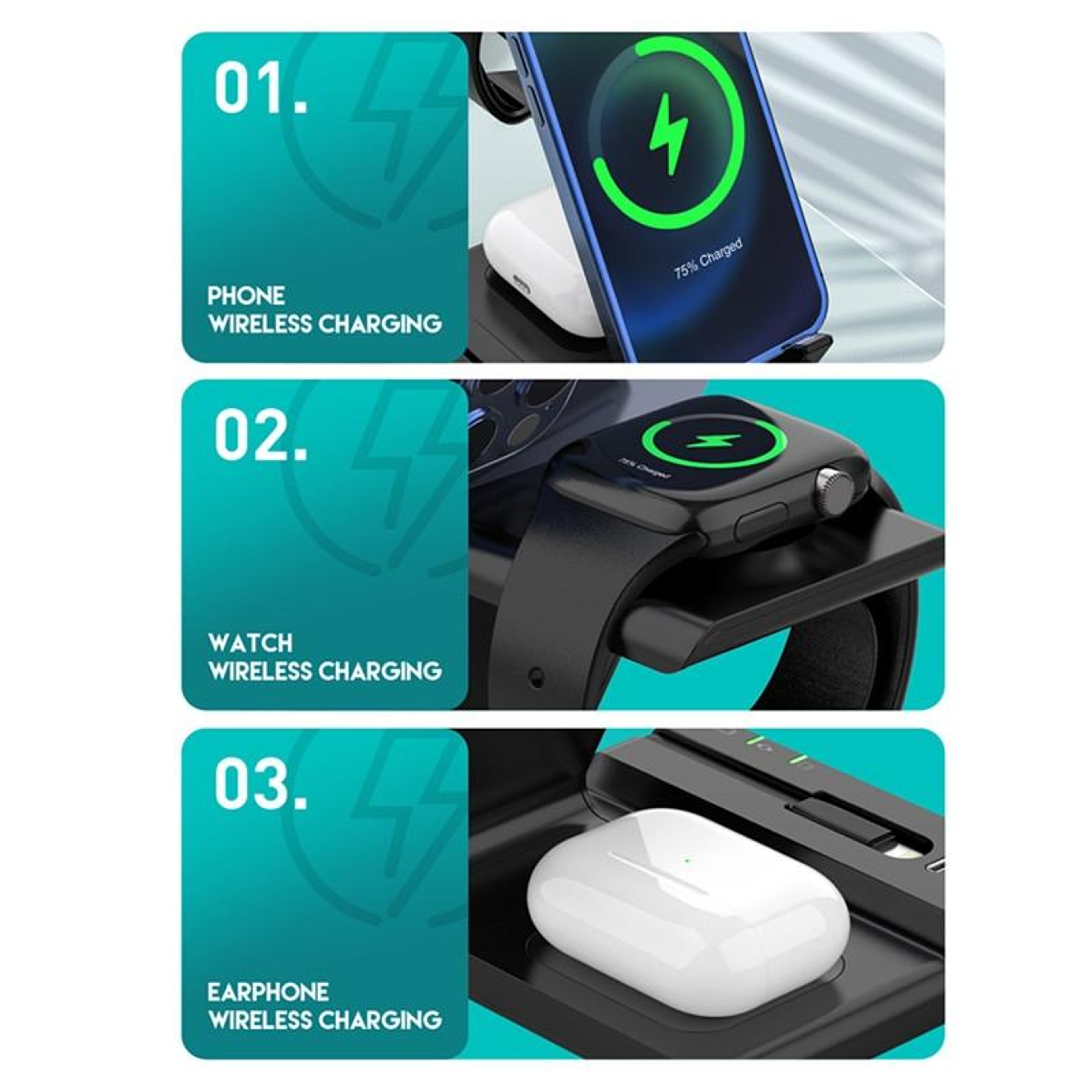 D2 6 in 1 Wireless Charging Station 15W Fast Wireless Charger Stand for Phone Watch and Earbuds – view 5